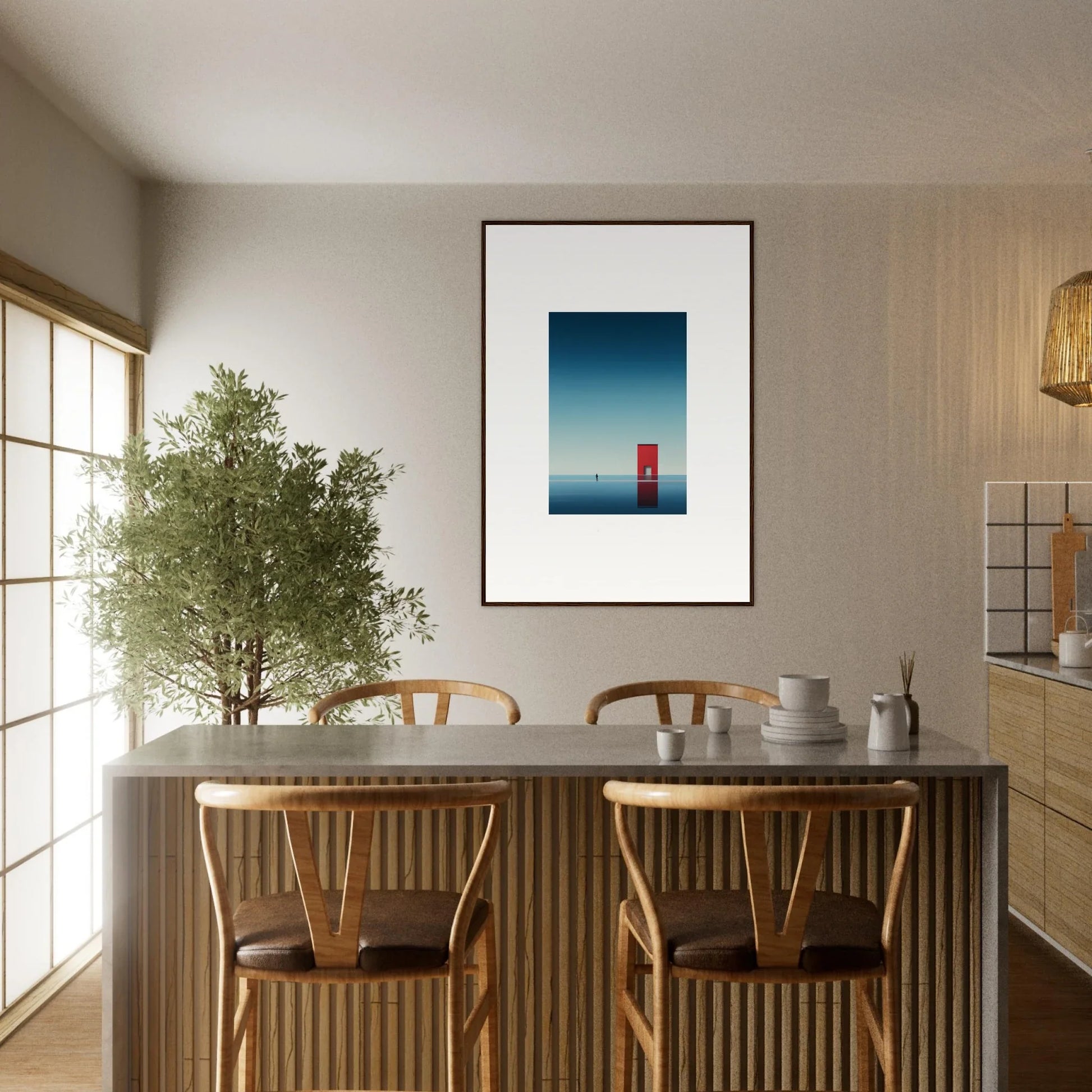 Minimalist dining area with wooden chairs and concrete table from Open Horizon special edition art