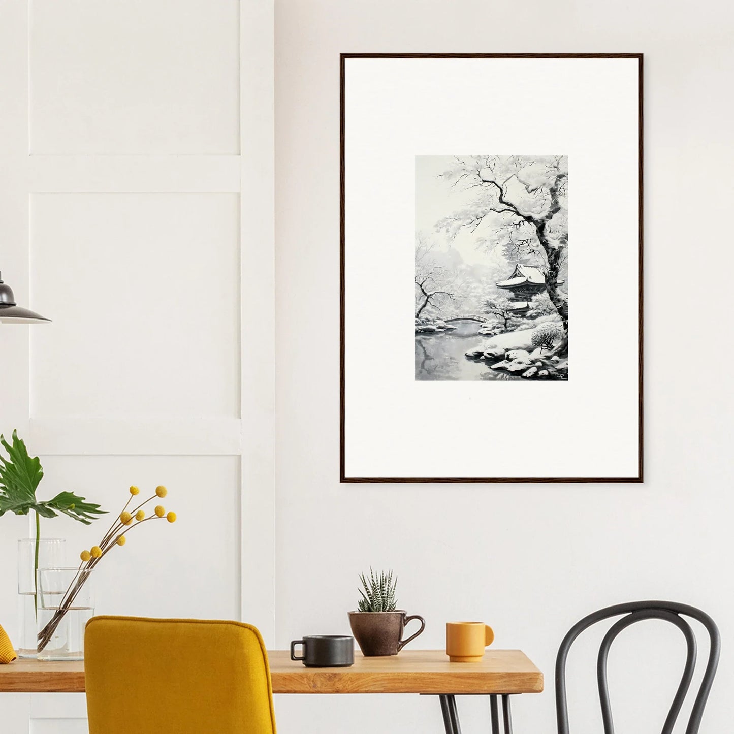 Framed black and white Winter Embrace Whisper art featuring a snowy tree landscape
