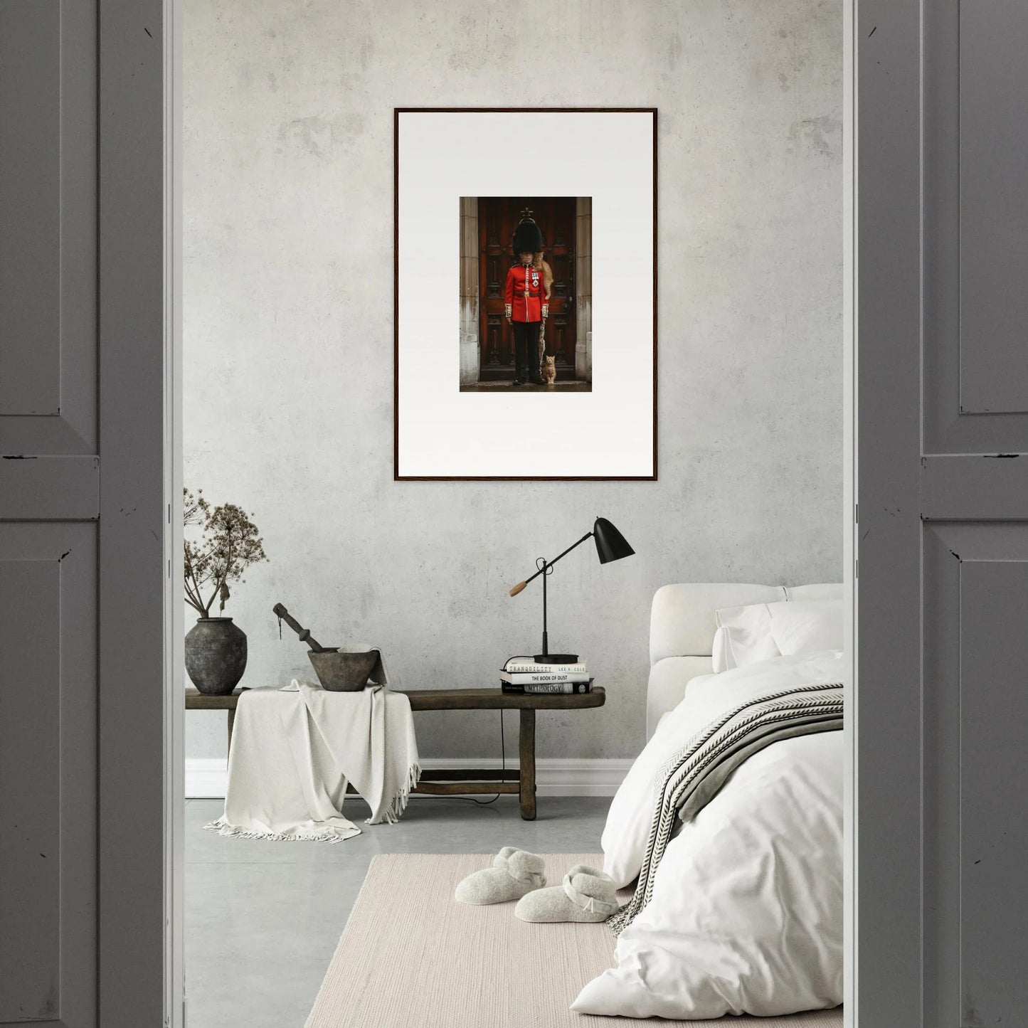 Minimalist bedroom featuring a premium framed wall art, God Save the Queen and the Cats