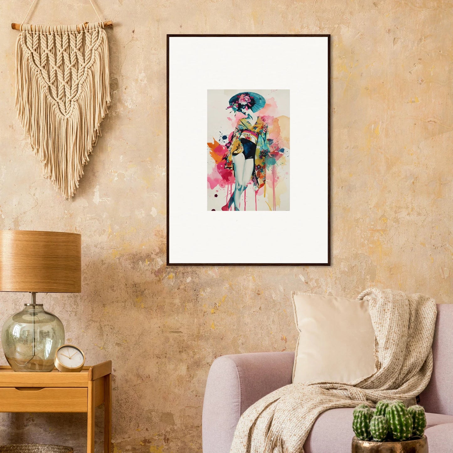 Colorful abstract woman in kimono canvas print for trendy room decoration wall art
