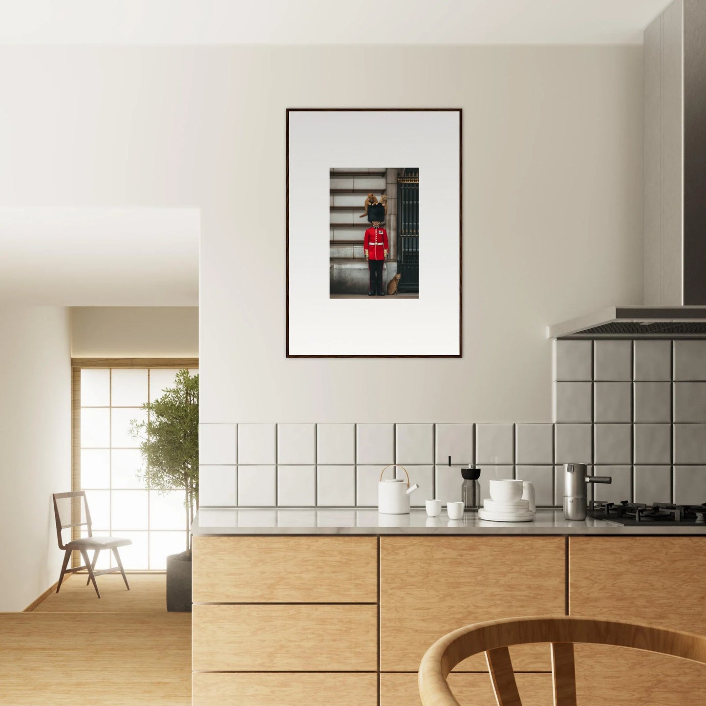 Framed black and white photo with a red accent in Sensational Sentinels’ Playground