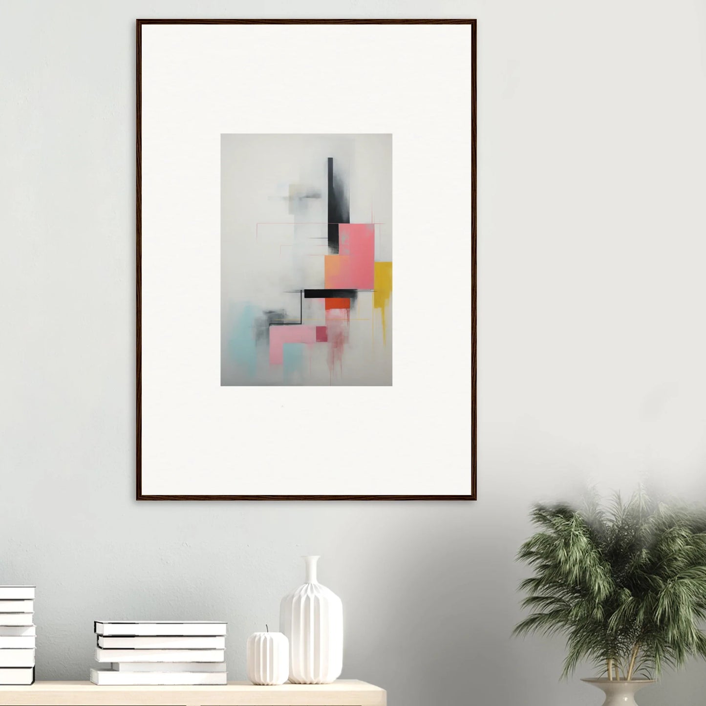 Framed wall art of Ethereal Chrome Juxtaposition with geometric shapes in black, pink, yellow