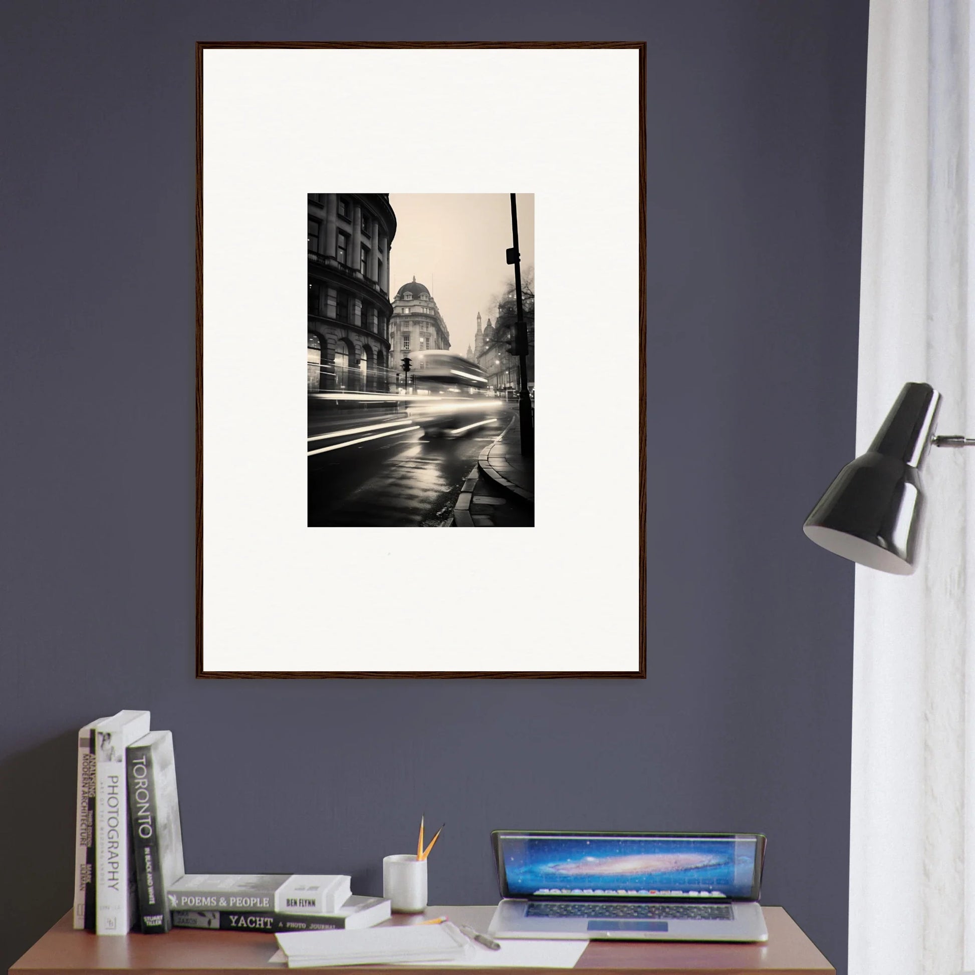 Framed black and white rainy city street photo from Ethereal Citypulse Reverie special edition art™