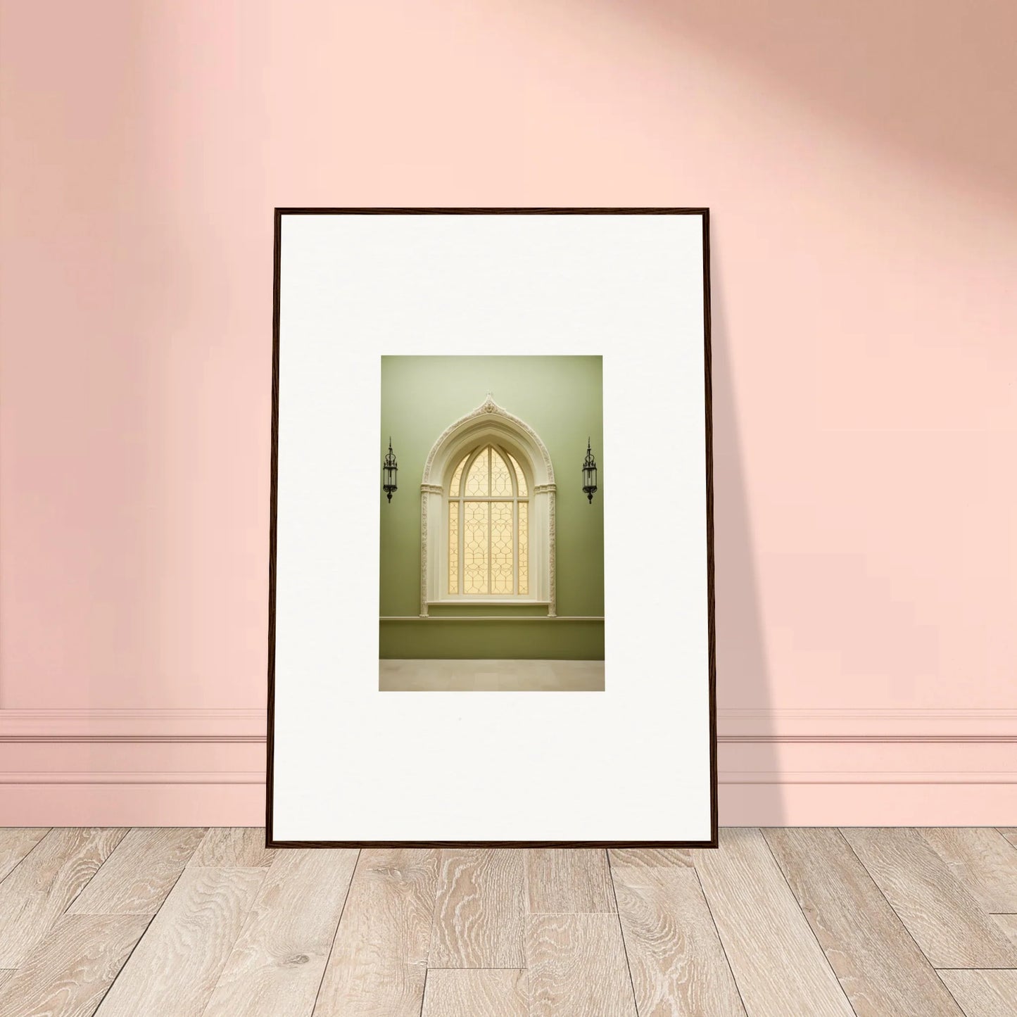 Framed wall art of arched church window in Opalescent Tranquility Dwelling style