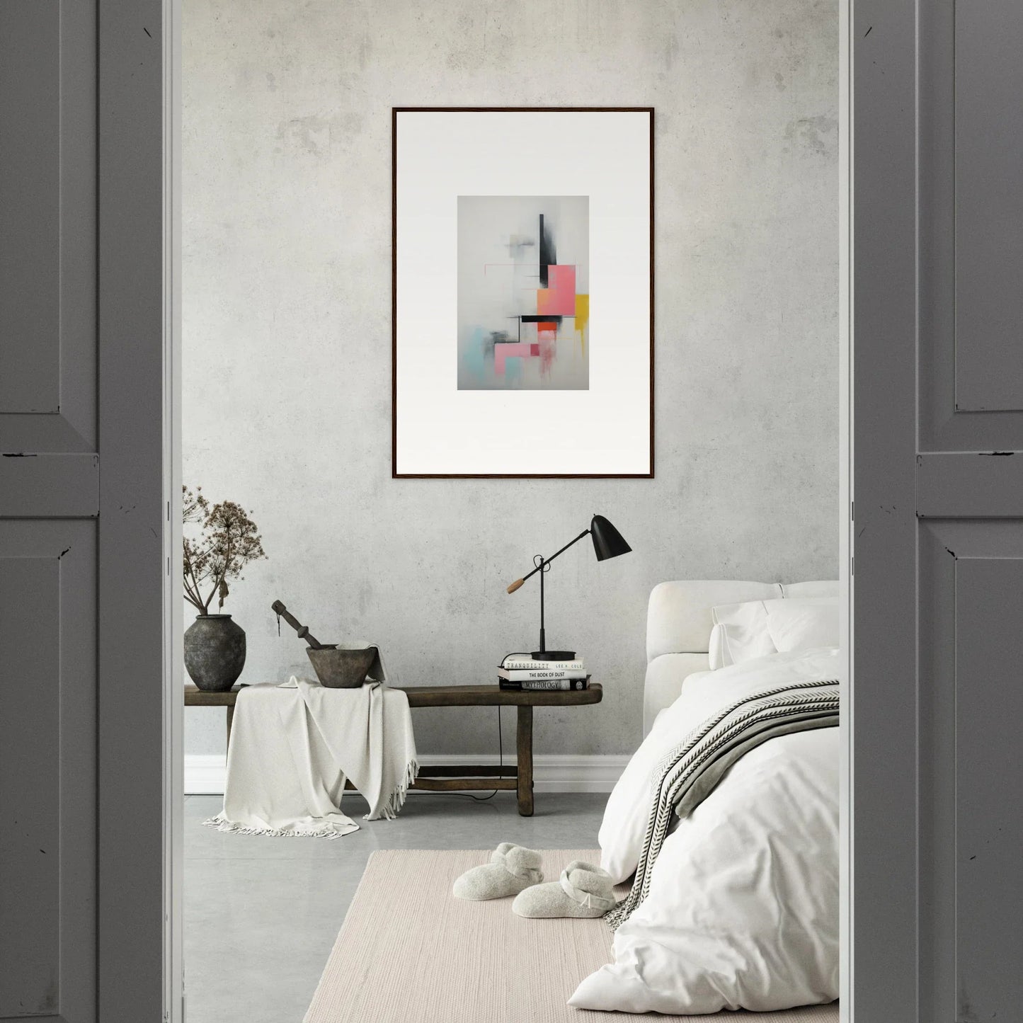 Minimalist abstract artwork in gray, red, and yellow for Ethereal Chrome Juxtaposition