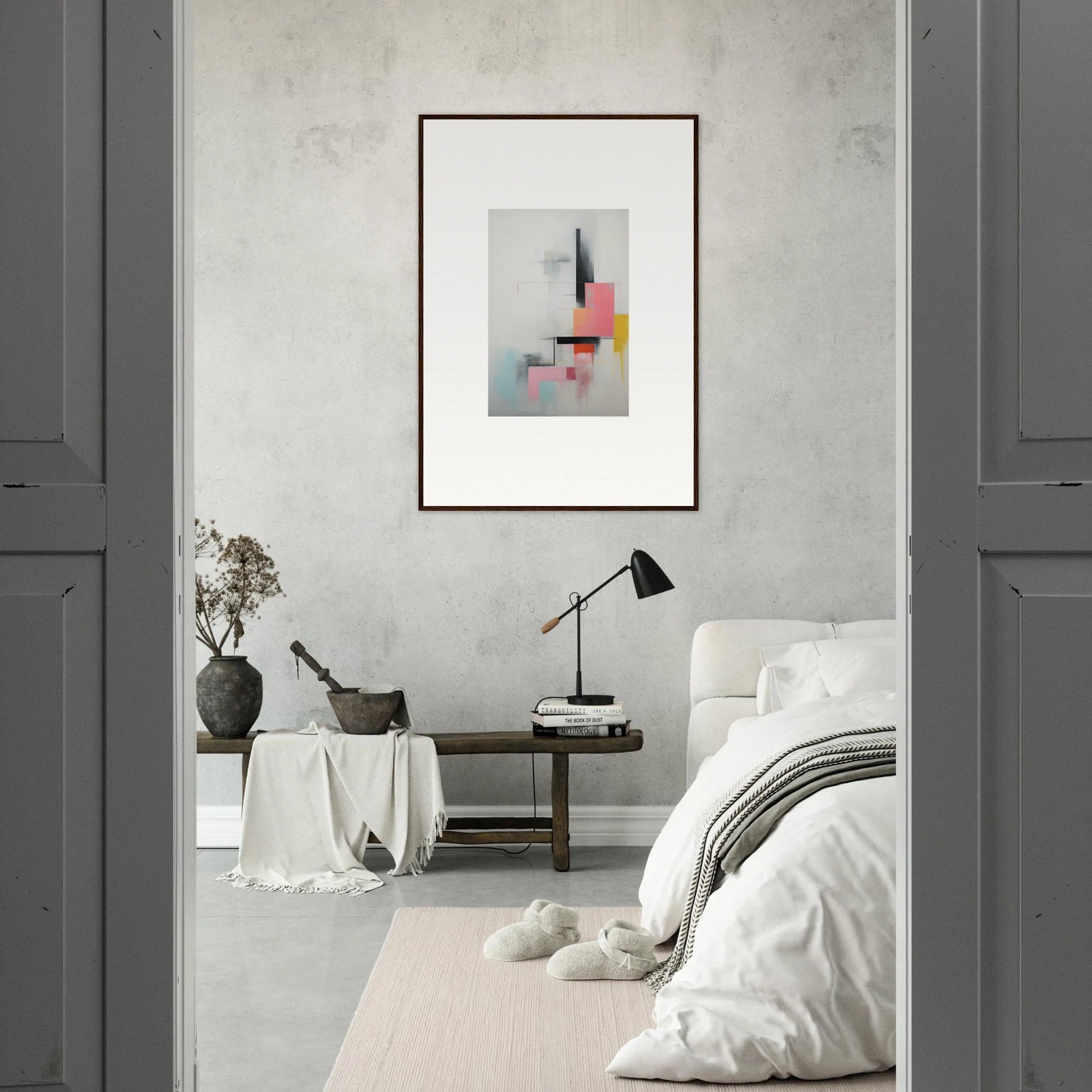 Minimalist abstract artwork in gray, red, and yellow for Ethereal Chrome Juxtaposition