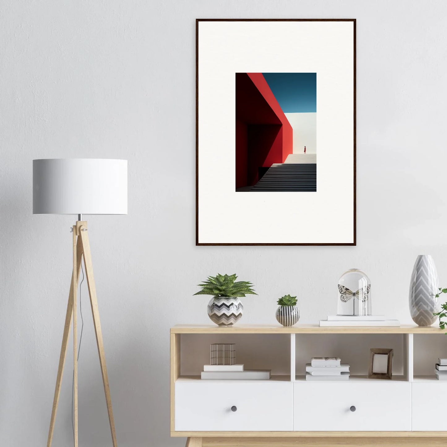 Modern tripod floor lamp with white shade and wooden legs from Mesa Quizzes Cascades