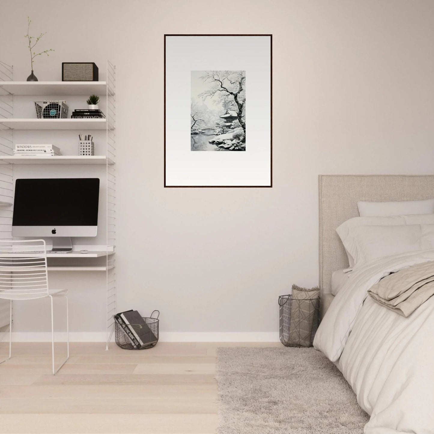 Minimalist bedroom workspace with Winter Embrace Whisper art and clear acrylic chair