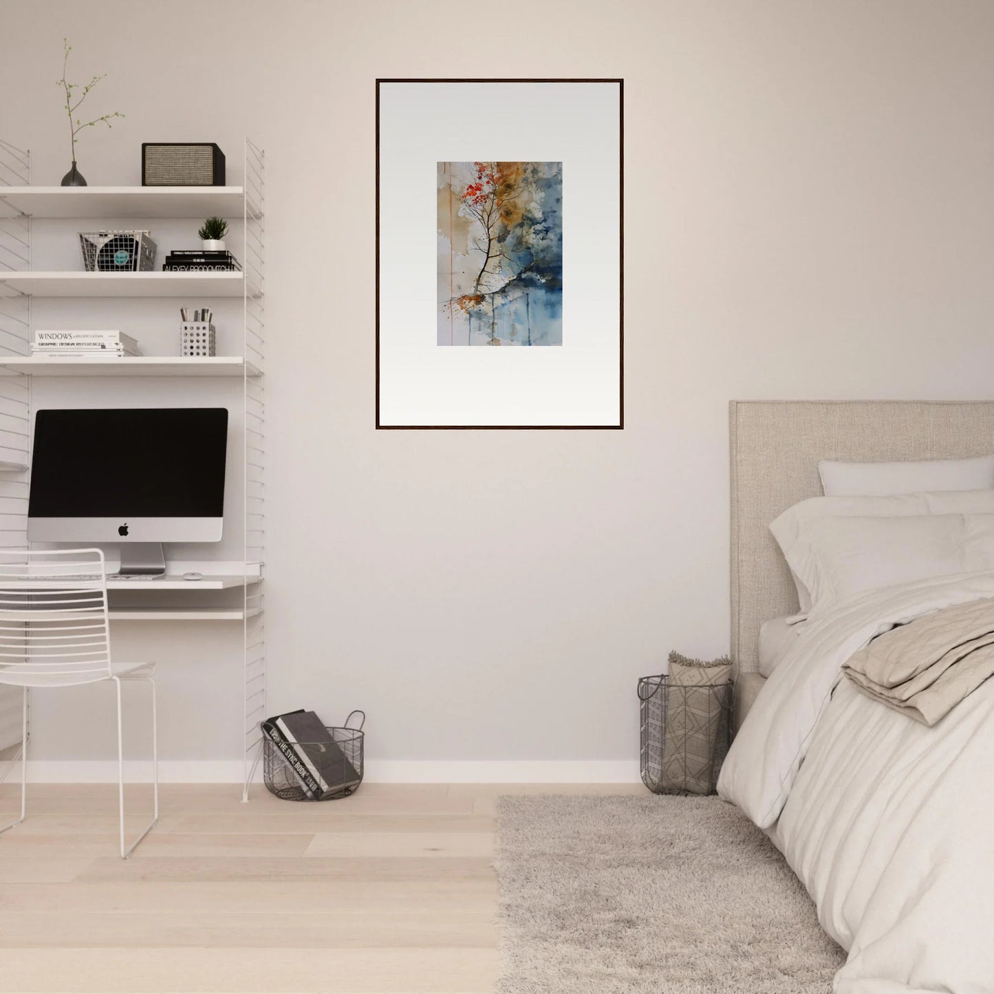 Minimalist bedroom with white walls, floating shelves, and Autumn Echoes wall art