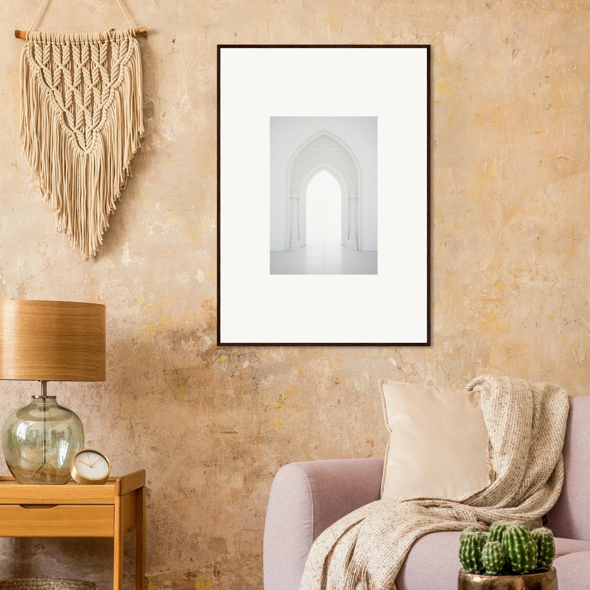Framed black and white photo of a misty archway in Meditative Nova Portal art