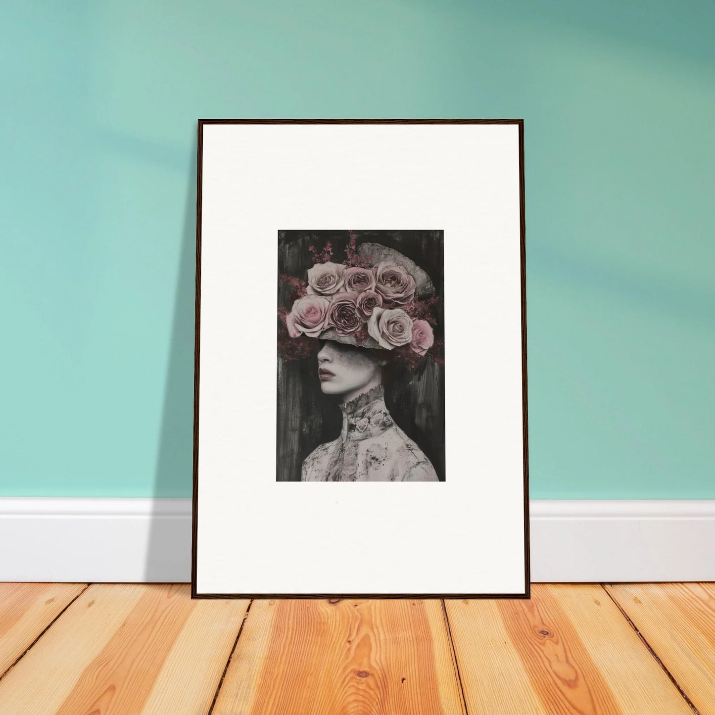 Framed black and white artwork of a crowned figure for Floral Odyssey Veil