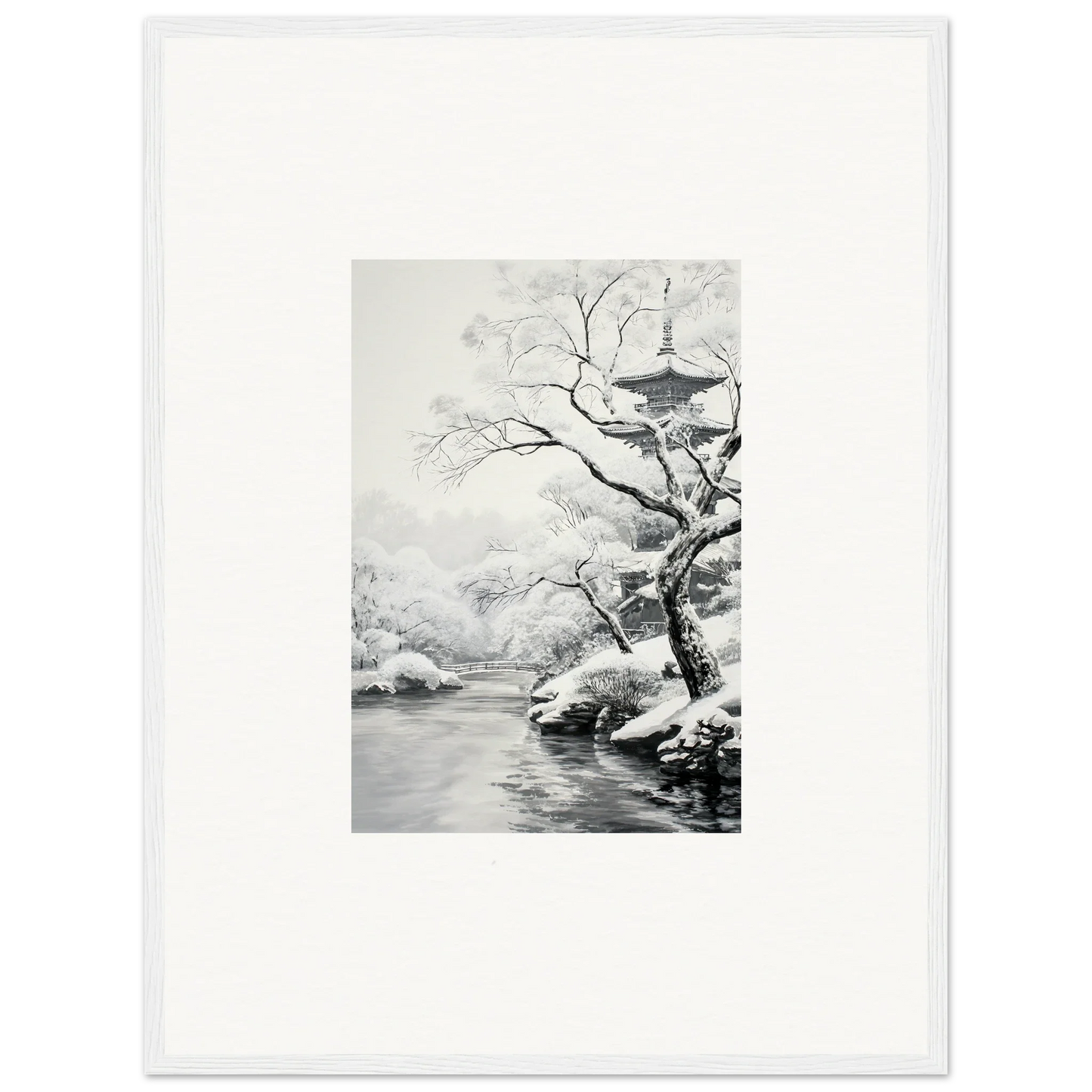 Black and white painting of a snow-covered tree by a river in Metaphysical Winter Reverie