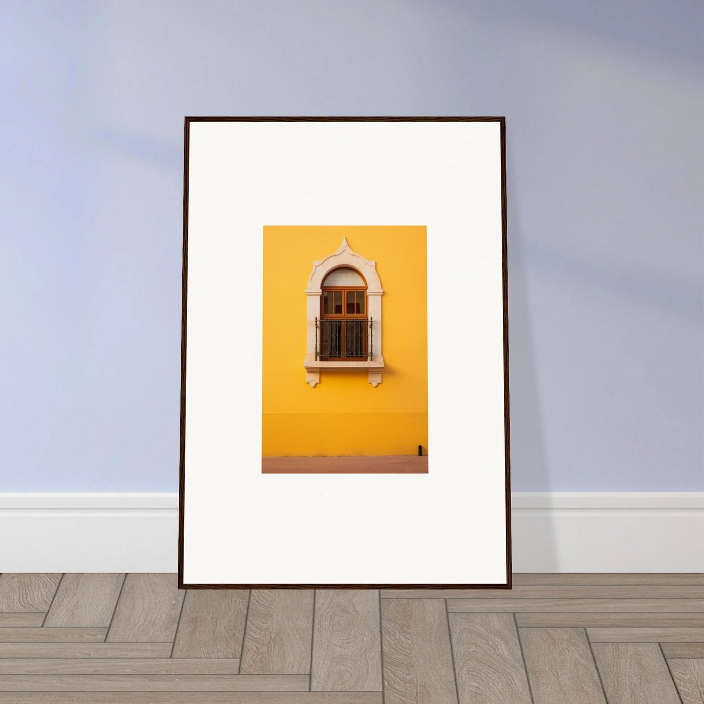 Framed photo of an arched window on a yellow wall in Golden Portal Reverie art