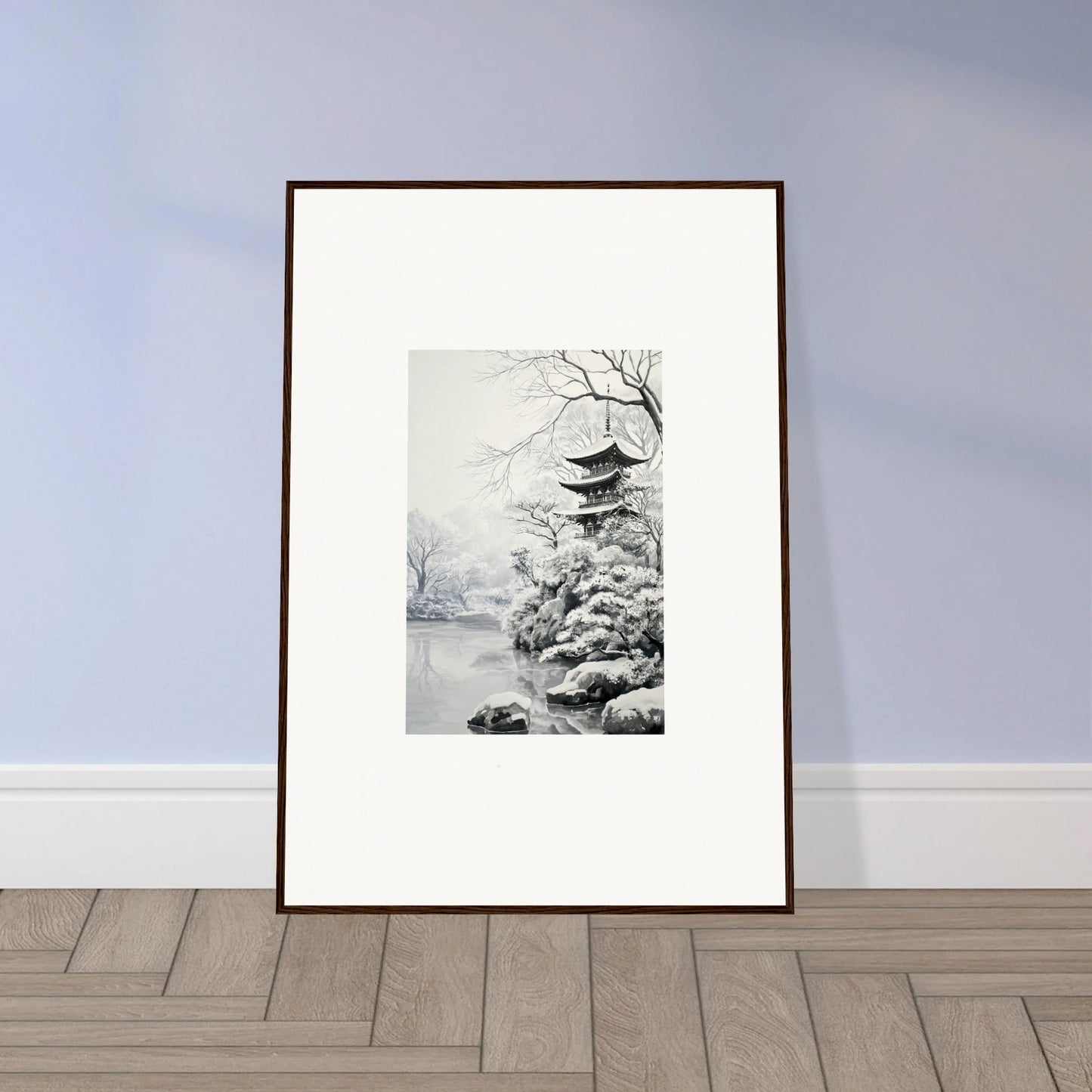 Framed wall art of a Japanese pagoda in snow for Crystallized Blossom Oasis