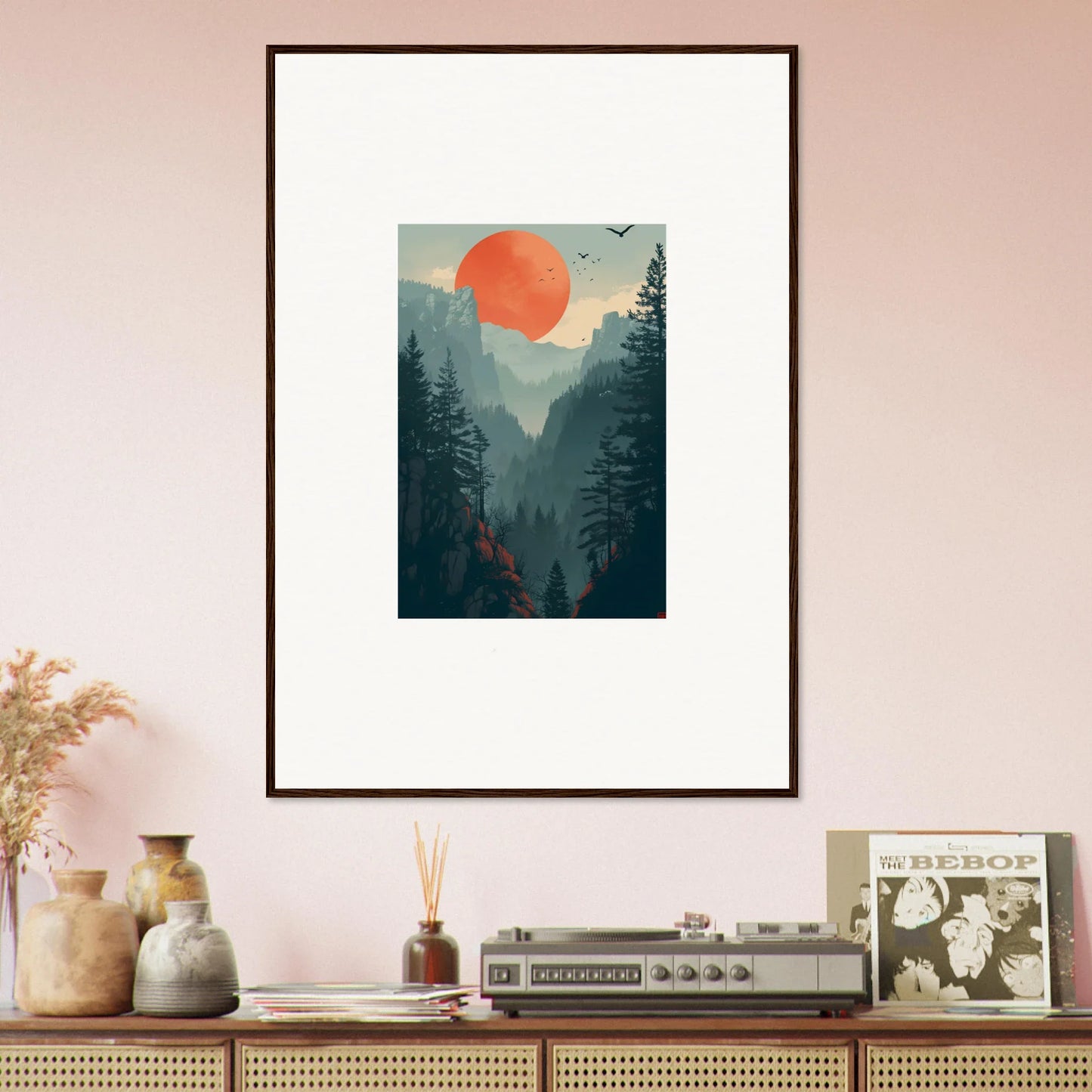Framed canvas print of a vibrant sunset forest, perfect for room decoration wall art