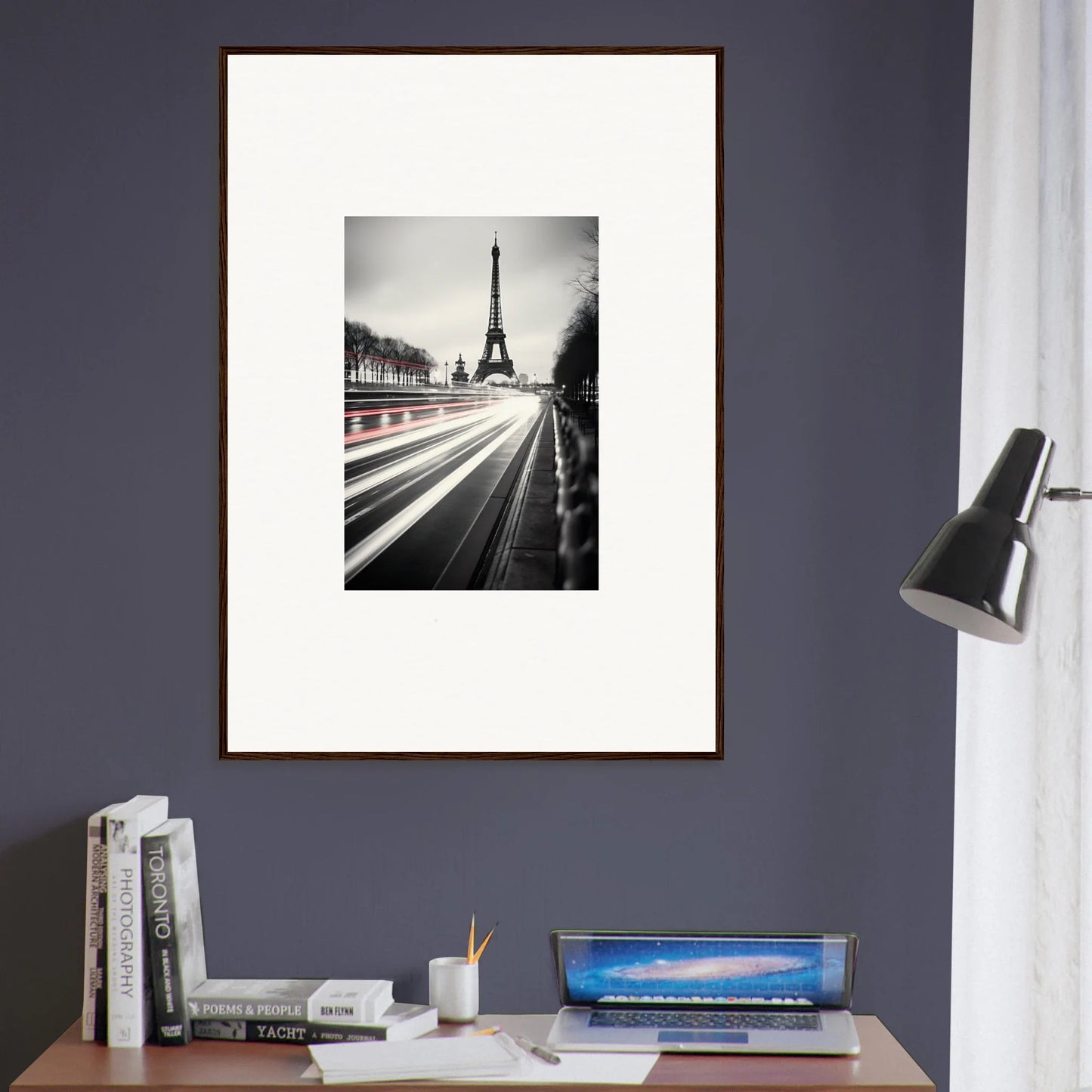 Framed black and white photo of the Eiffel Tower in Eternal Windsweep Halo special edition art™