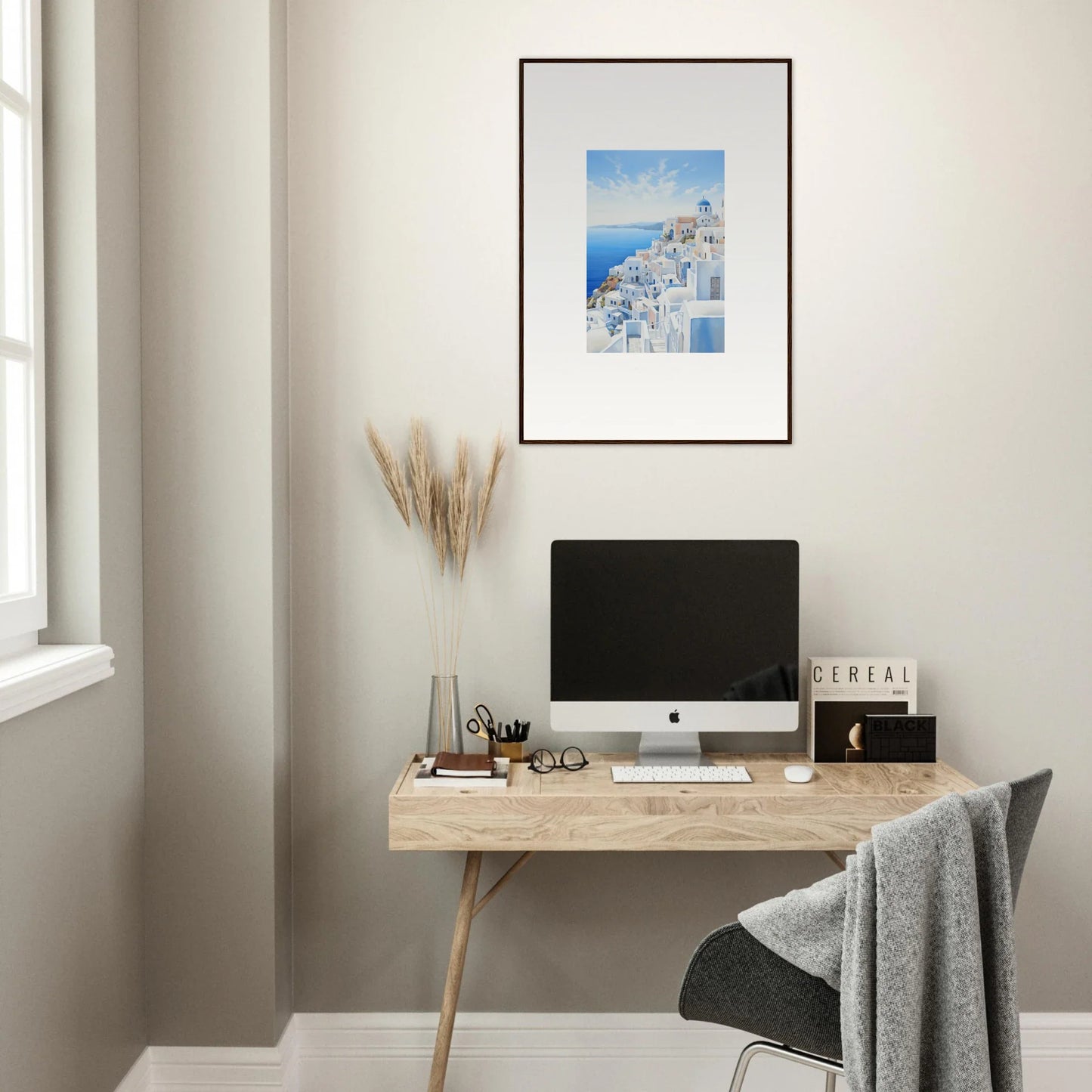 Minimalist wooden desk with iMac and Premium Framed Wall Art from Dreams Overlapping Reality