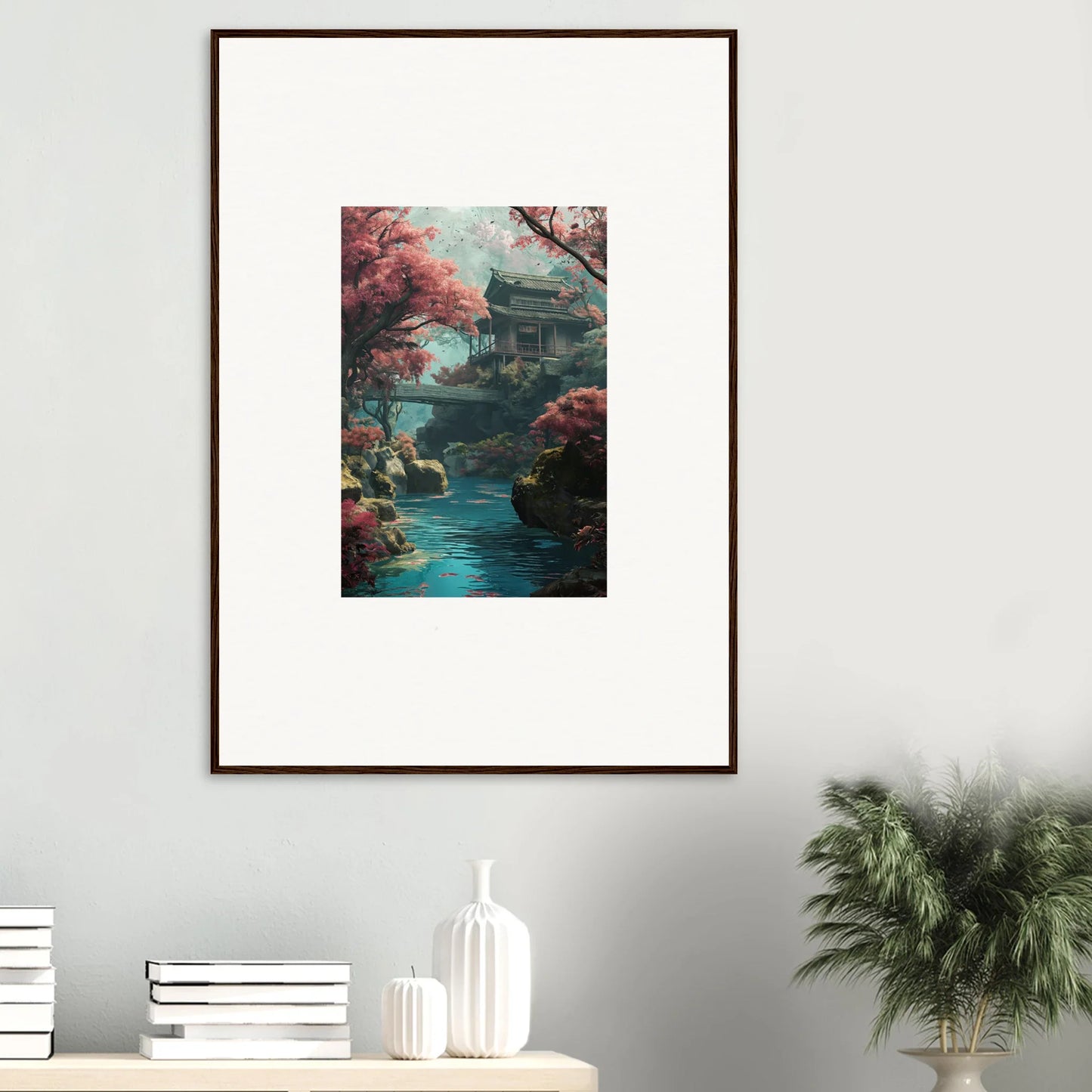 Framed Serenity’s Dreamscape art of a pagoda, cherry blossoms, and turquoise stream