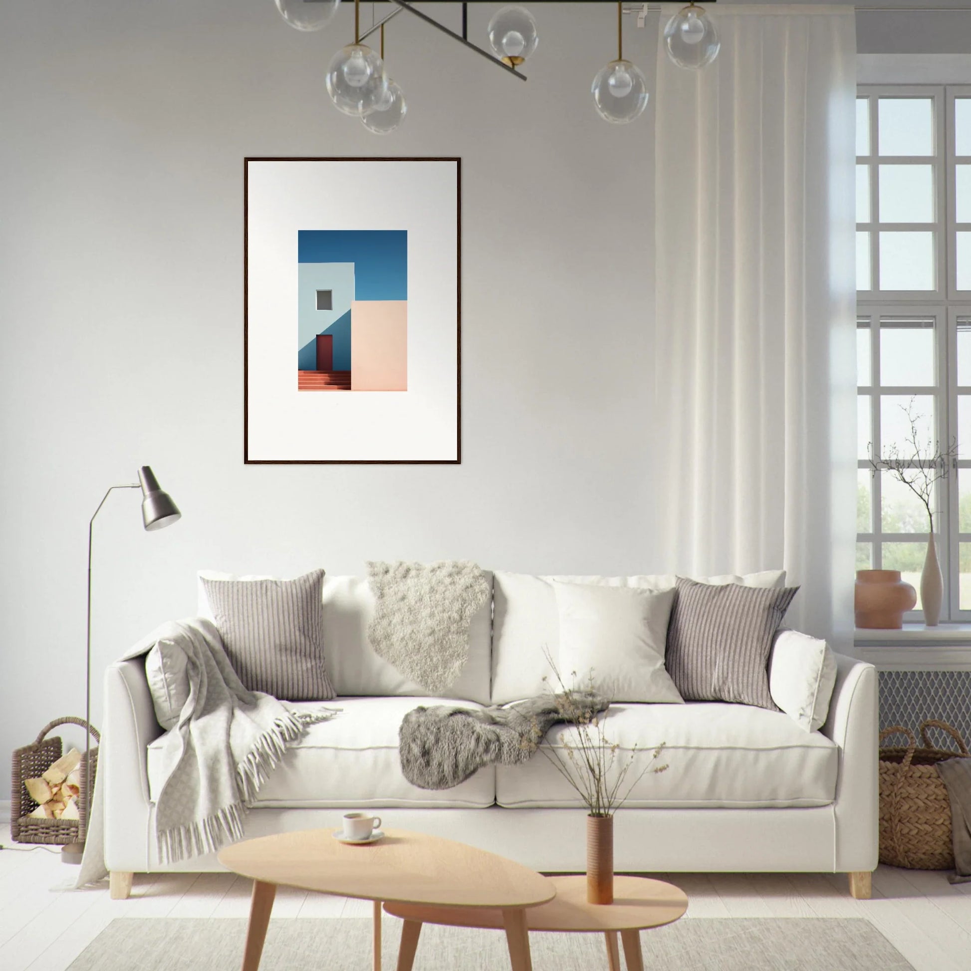 Cozy white sofa with gray and cream pillows, perfect for your Tangents of Porcelain decor