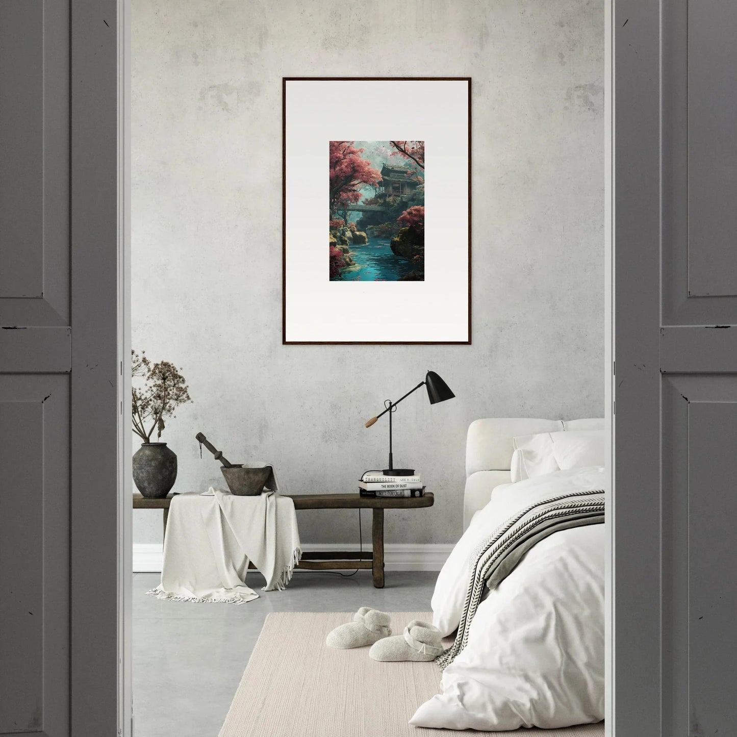 Framed artwork of turquoise stream with red foliage from Serenity’s Dreamscape special edition art™
