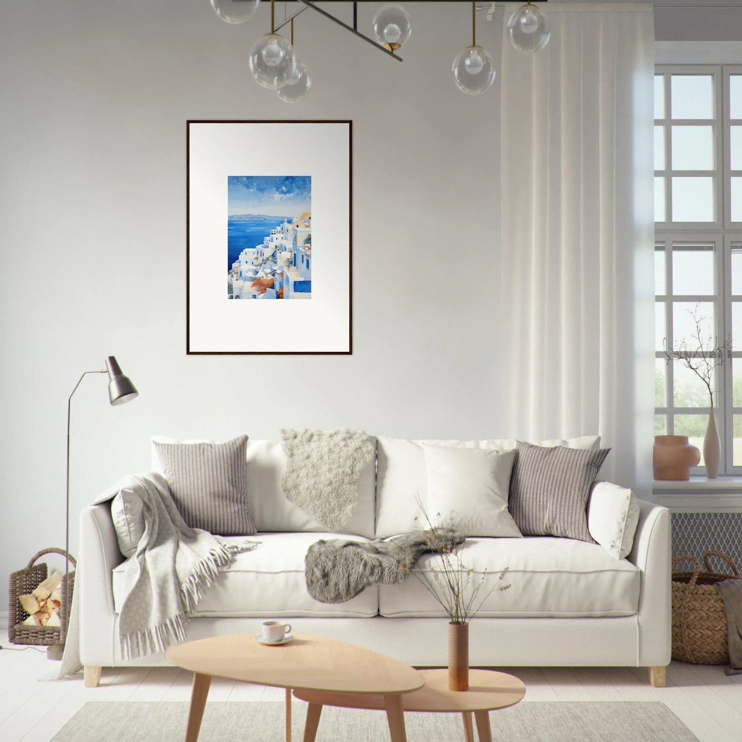 Stylish White Sofa with Gray and Cream Pillows from Ethereal Azure Echoes Collection