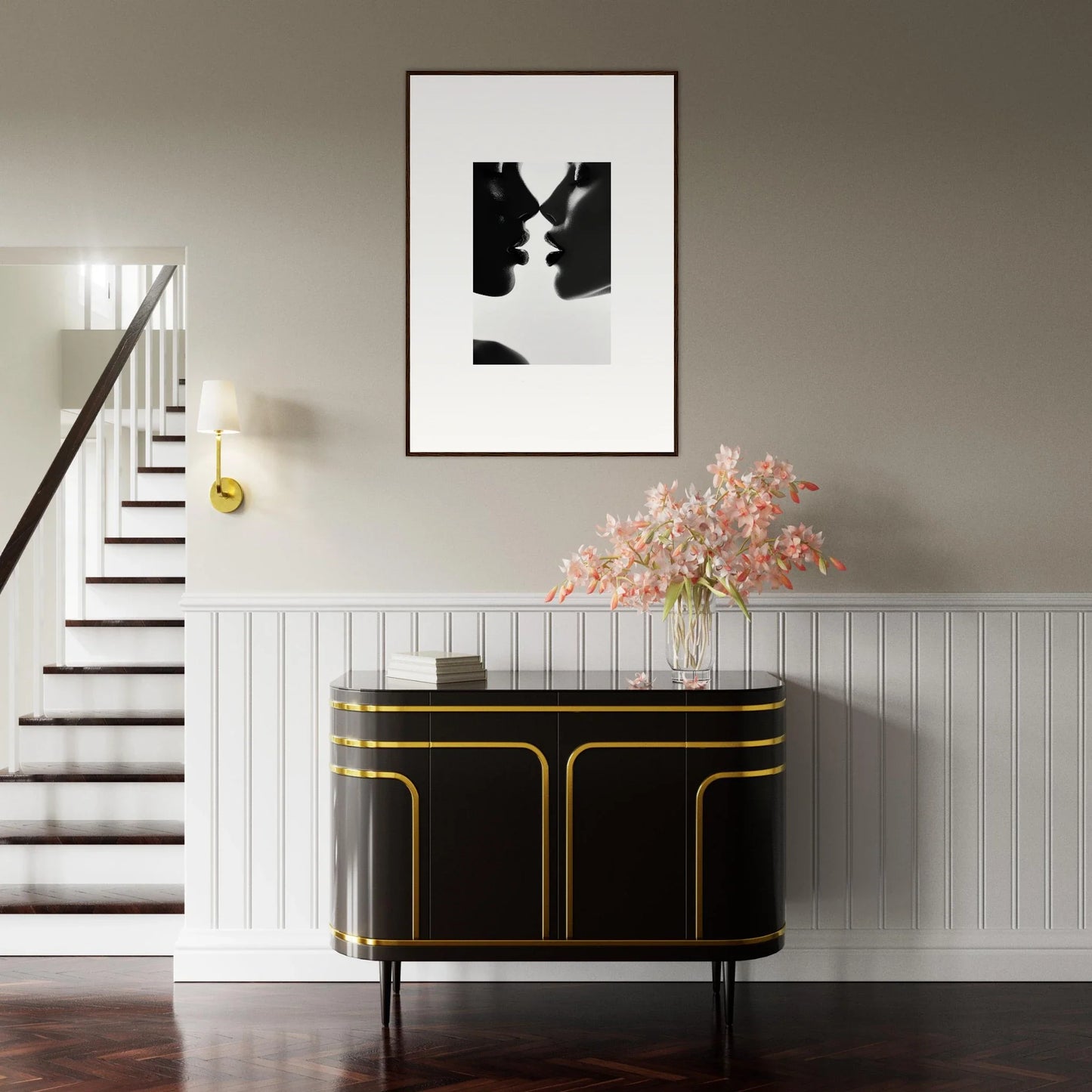 Black credenza with gold trim and curves for Ephemeral Echoes Touch collection