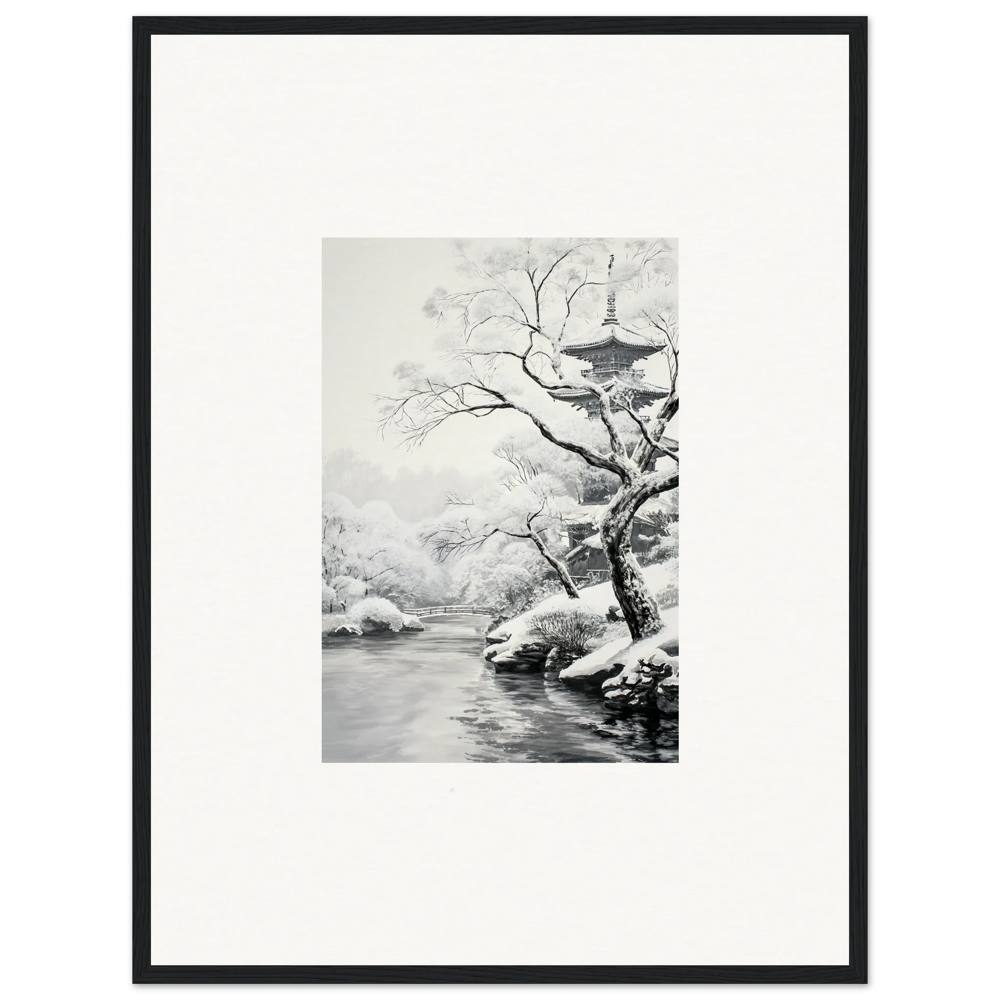 Black and white ink painting of a snowy landscape in Metaphysical Winter Reverie