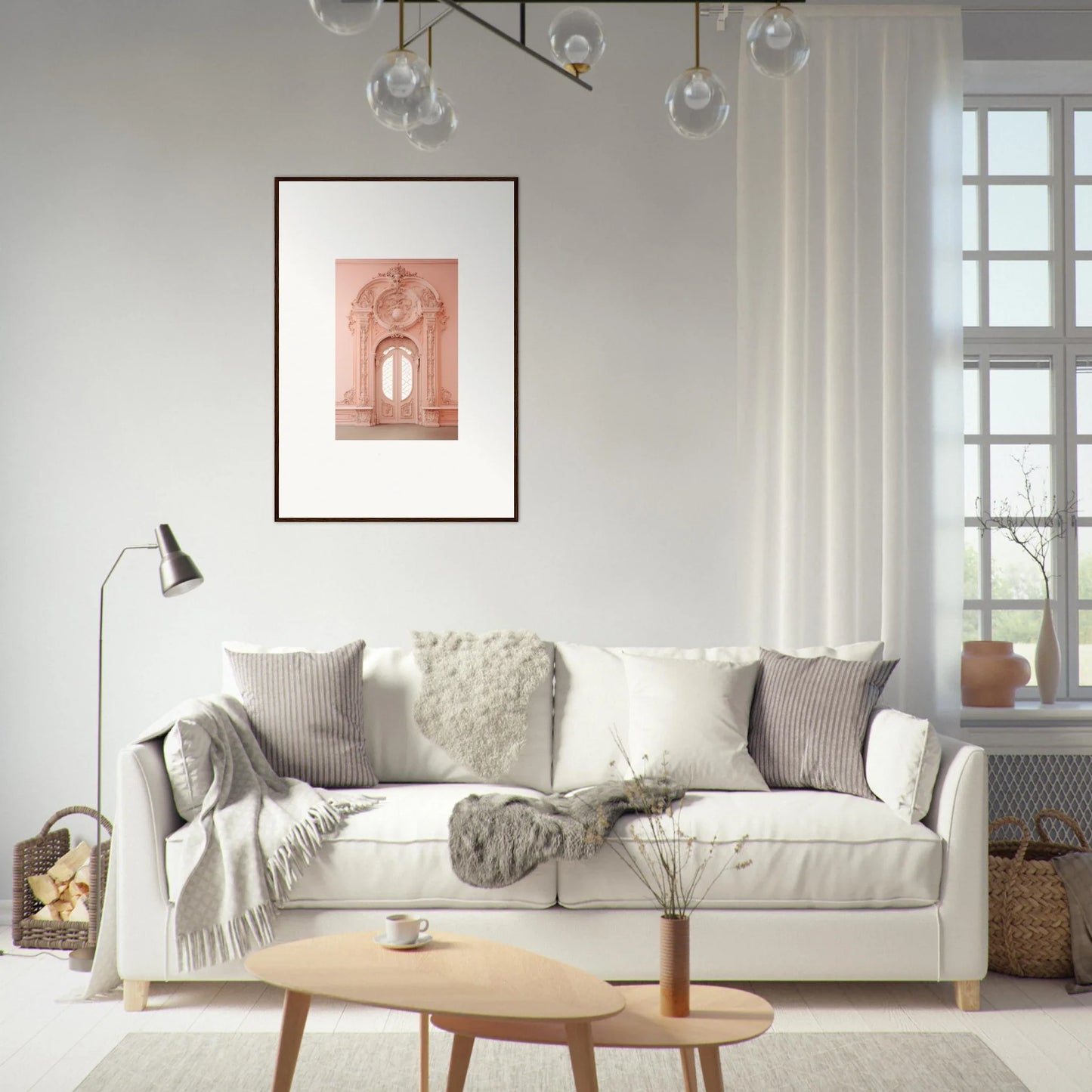 White sofa with gray and cream pillows, perfect for the Ether Pendantia Portal vibe