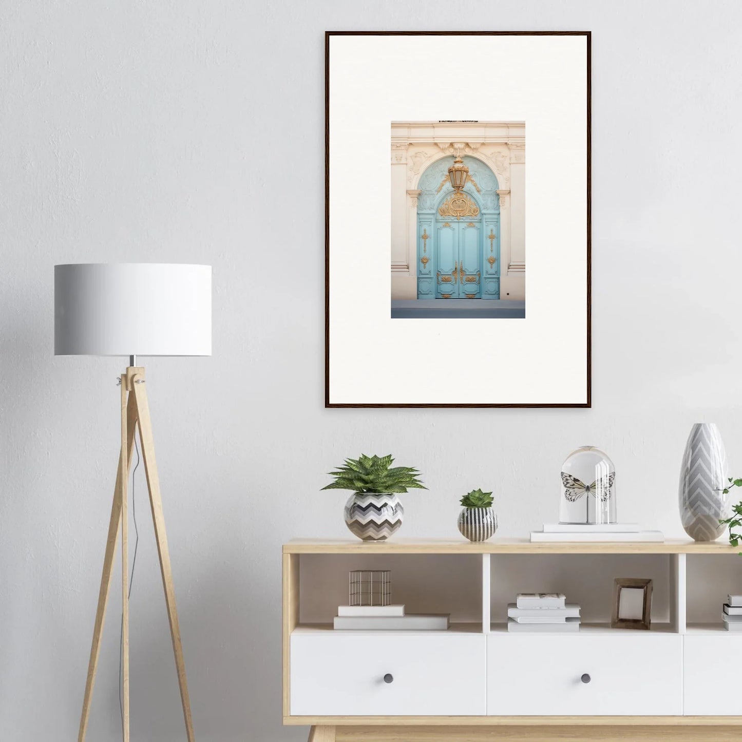 Framed poster of an Ethereal Thresholding Gate with a vintage blue door art
