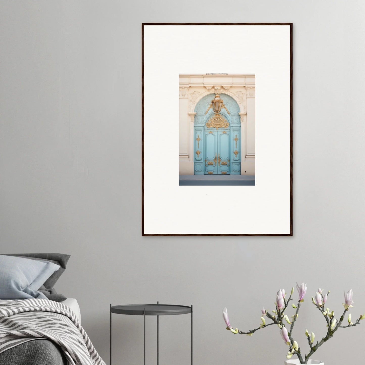 Framed poster of Ethereal Thresholding Gate featuring a decorative light blue door