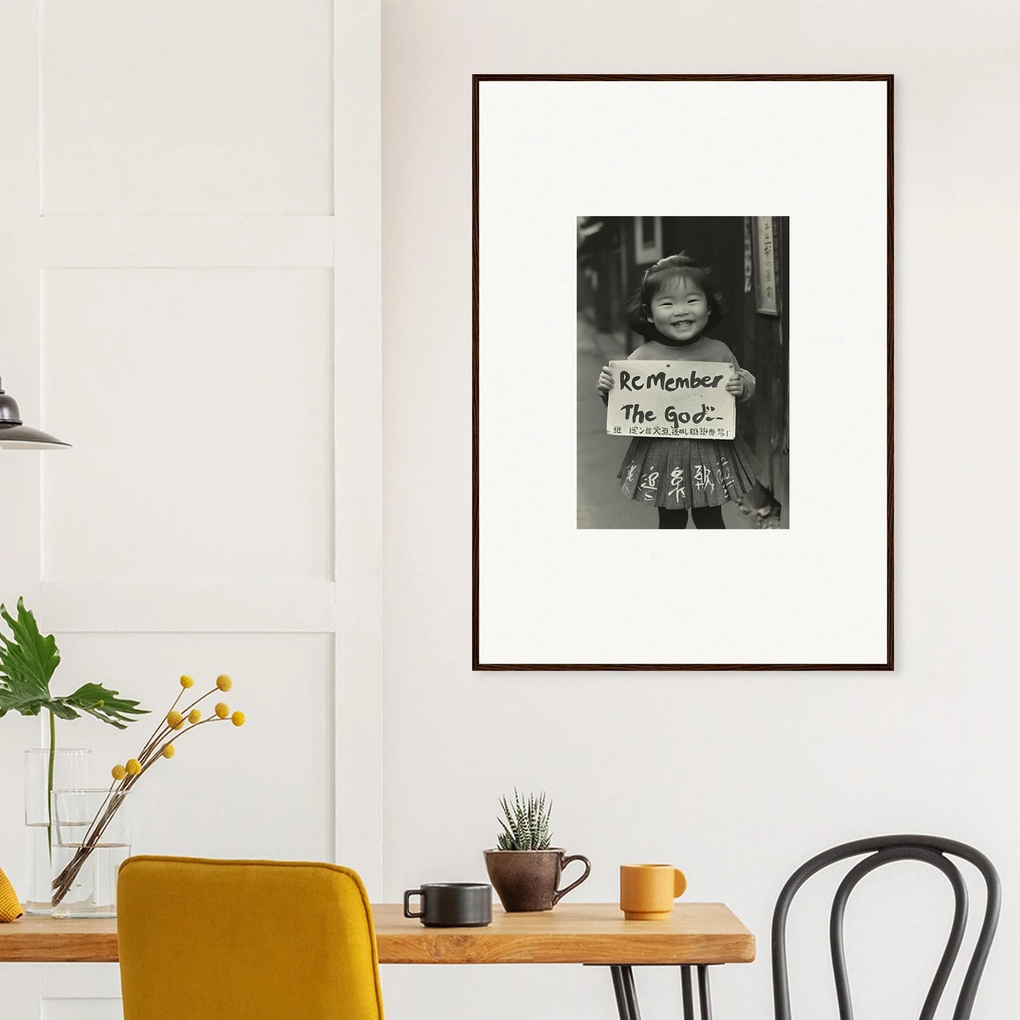 Framed black and white Sacred Smile Echoes art piece on a clean white wall
