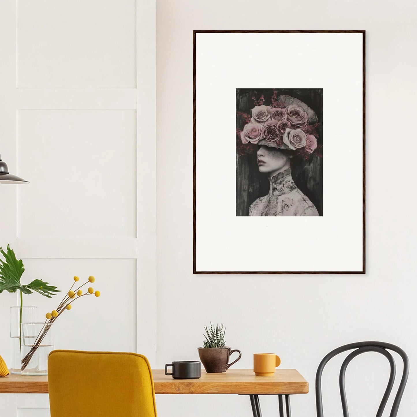 Framed black and white art of Floral Odyssey Veil with pink roses on a figure’s head