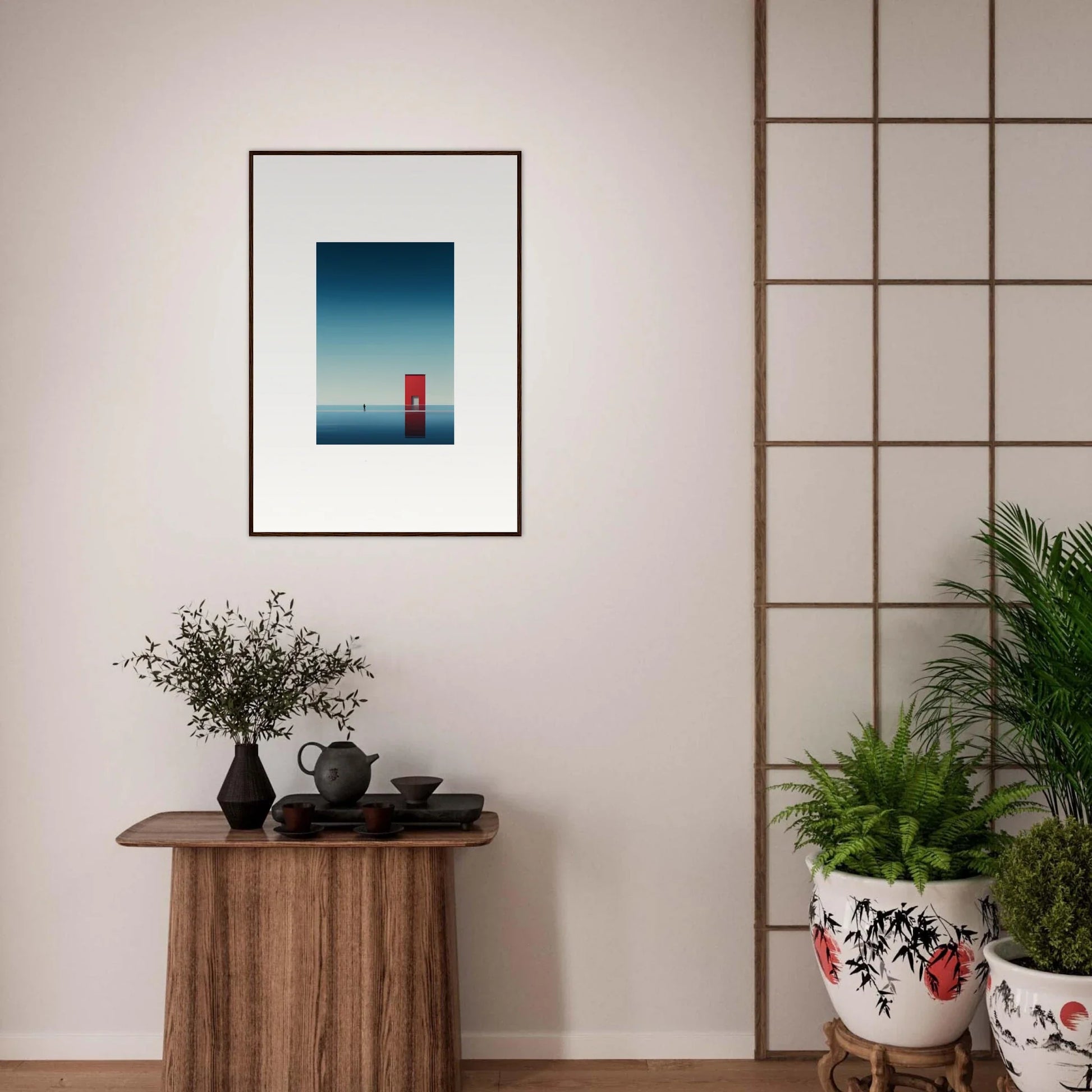 Framed minimalist artwork of a red phone booth in an open horizon blue sky for premium decor