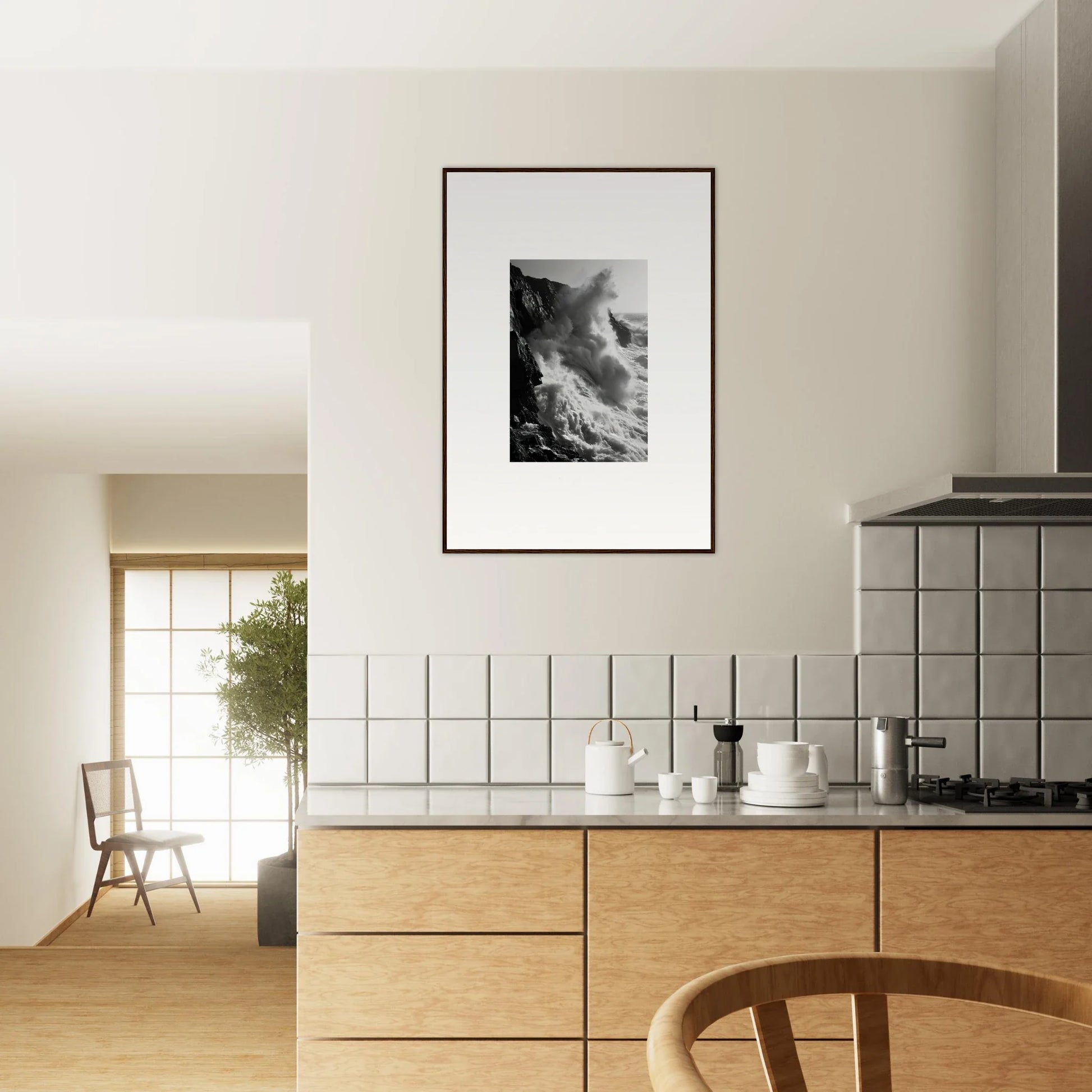 Black and white framed wall art of crashing waves from Ephemeral Echoes Surge special edition art™