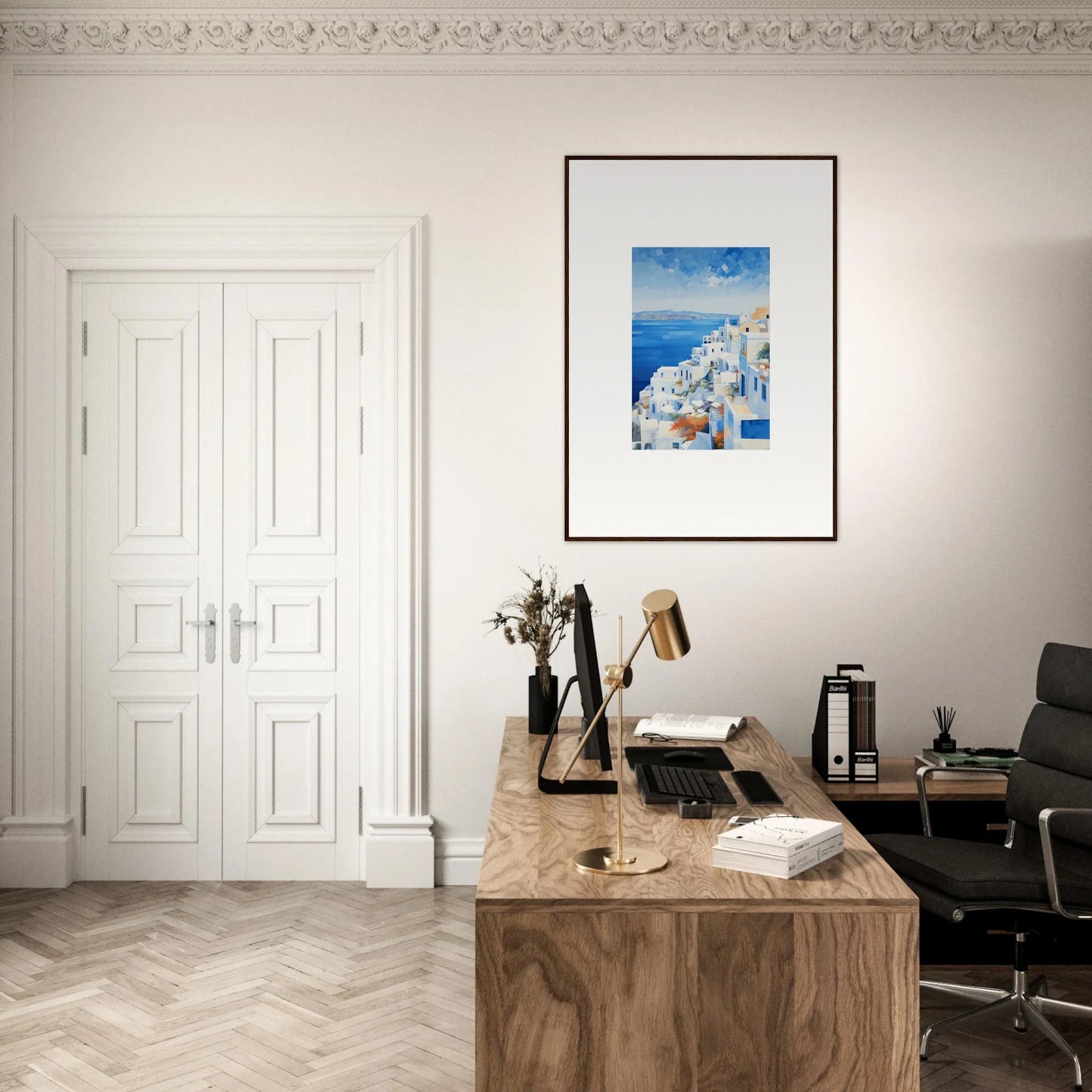 Wooden desk with a vintage typewriter and office accessories, Ethereal Azure Echoes art