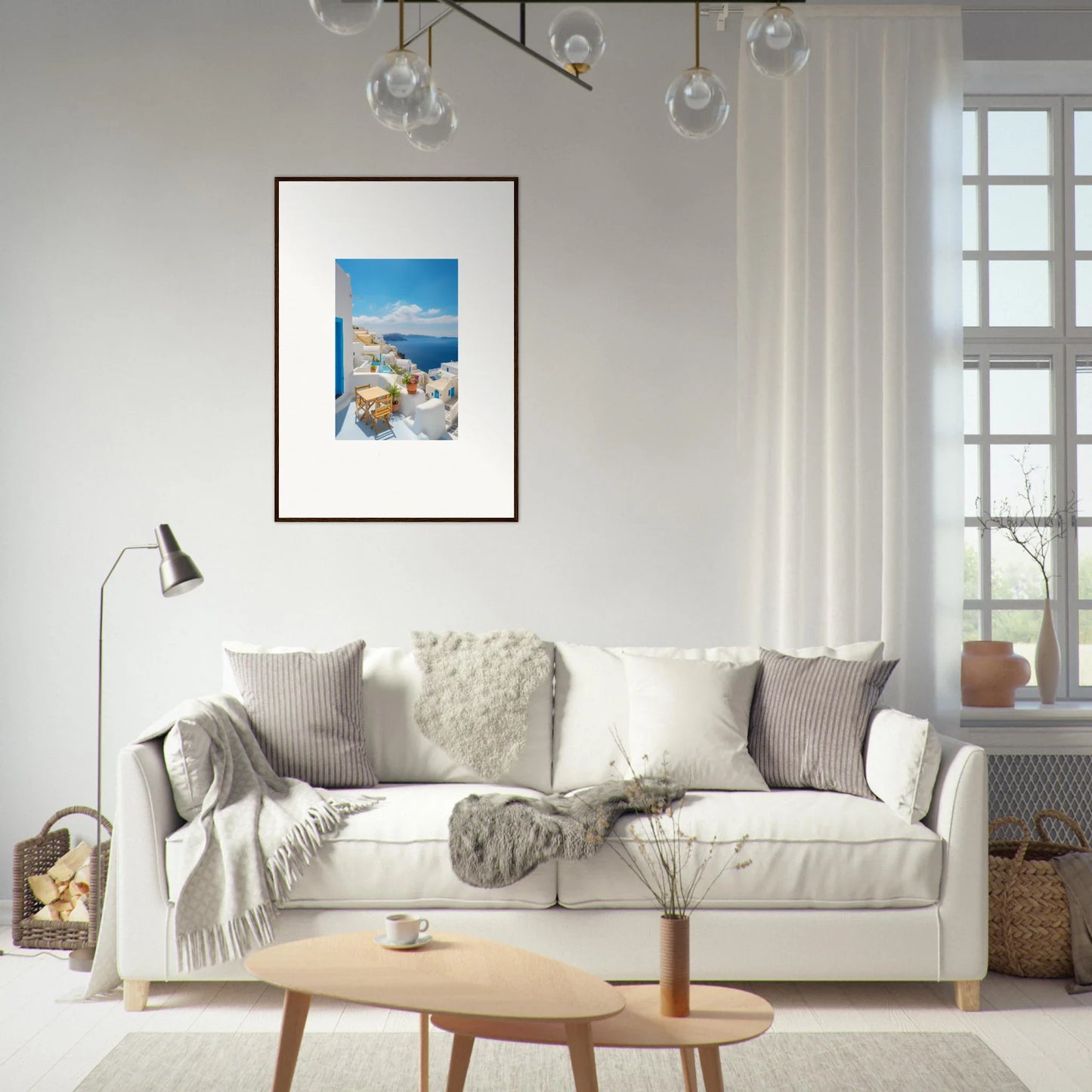 White sofa with gray and cream pillows from Dream-Touched Odyssey special edition art™