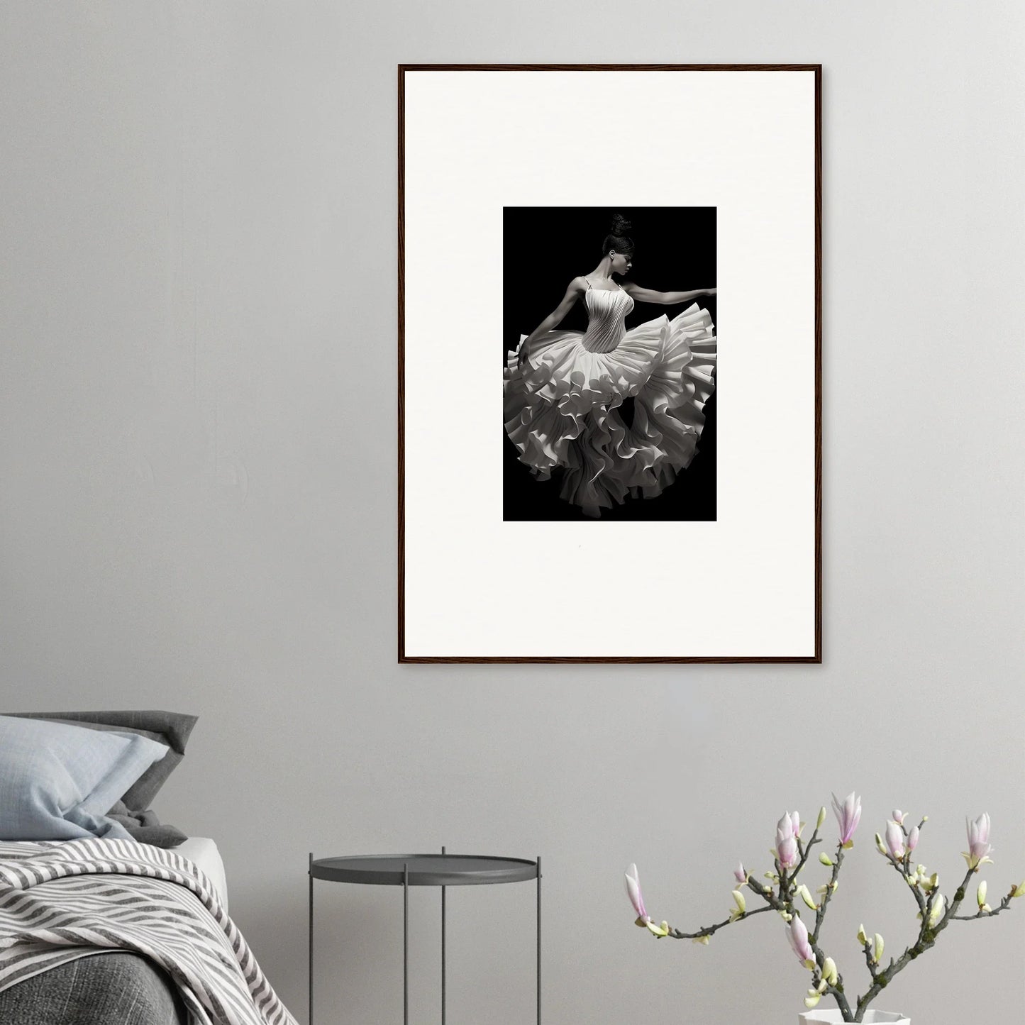 Framed black and white photo of a dancer showcasing Gossamer Velvet Waltz art