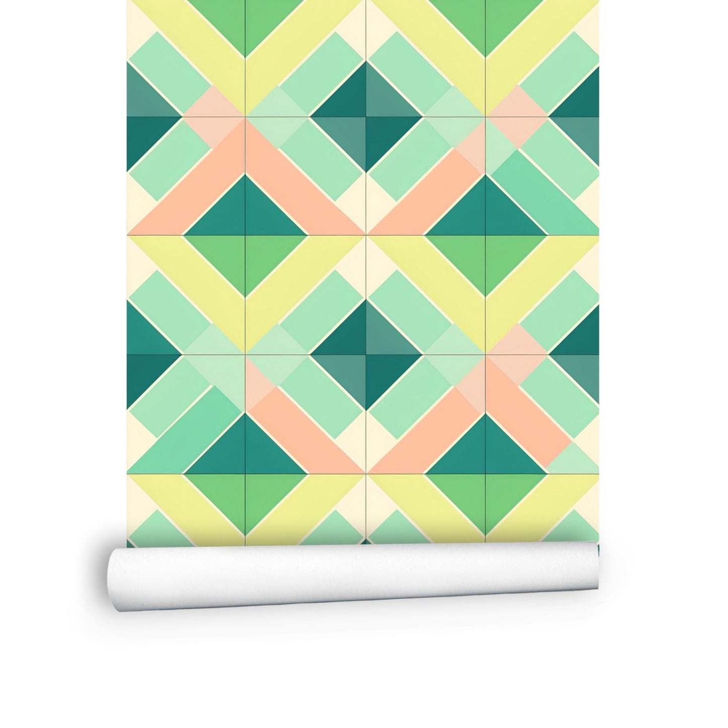 A wallpaper with a geometric pattern in green, orange and yellow
