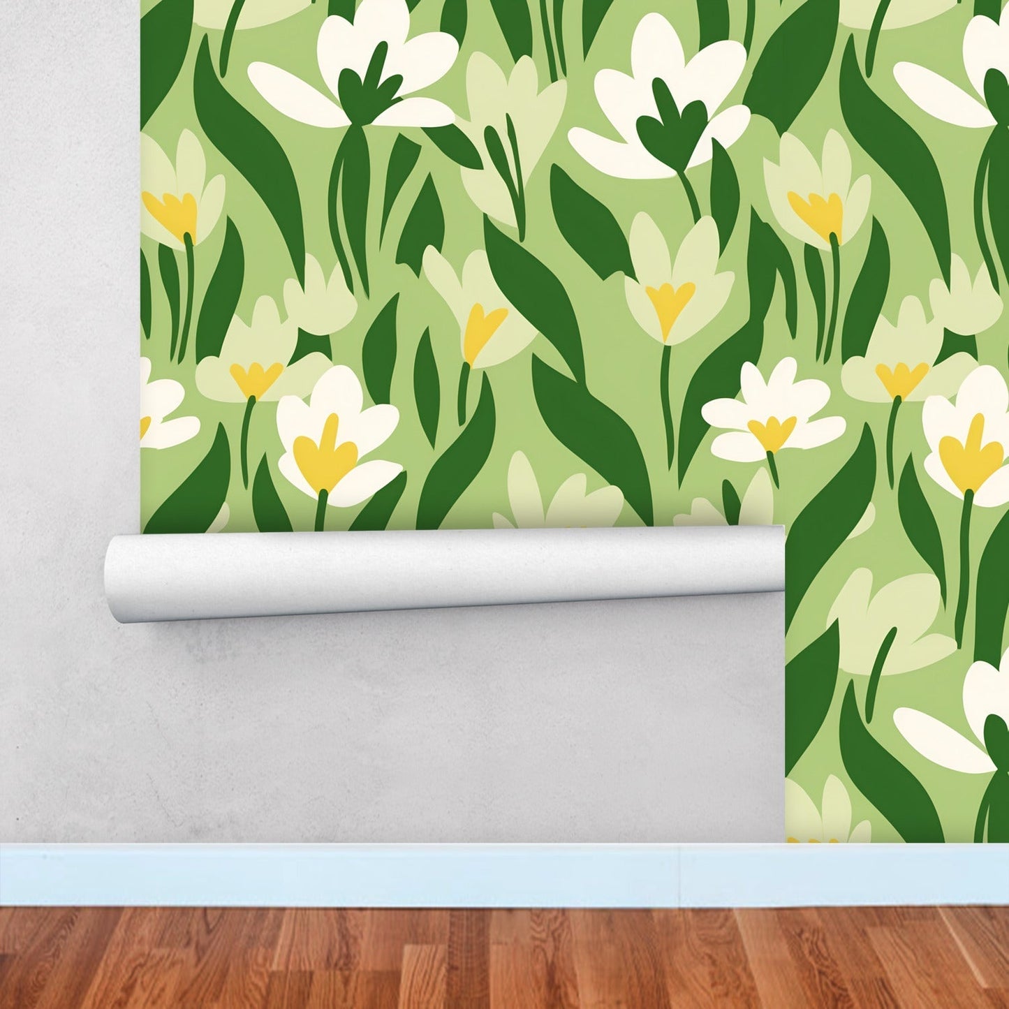 A wallpaper with a green and white floral pattern