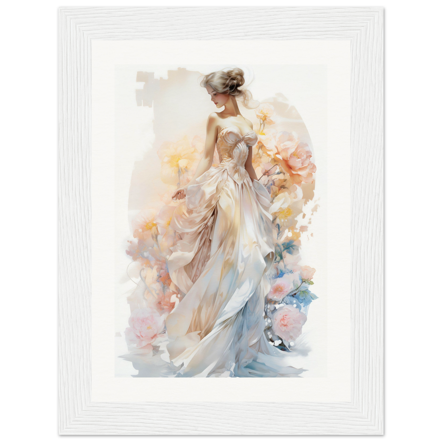 A watercolor painting of a woman in a white dress
