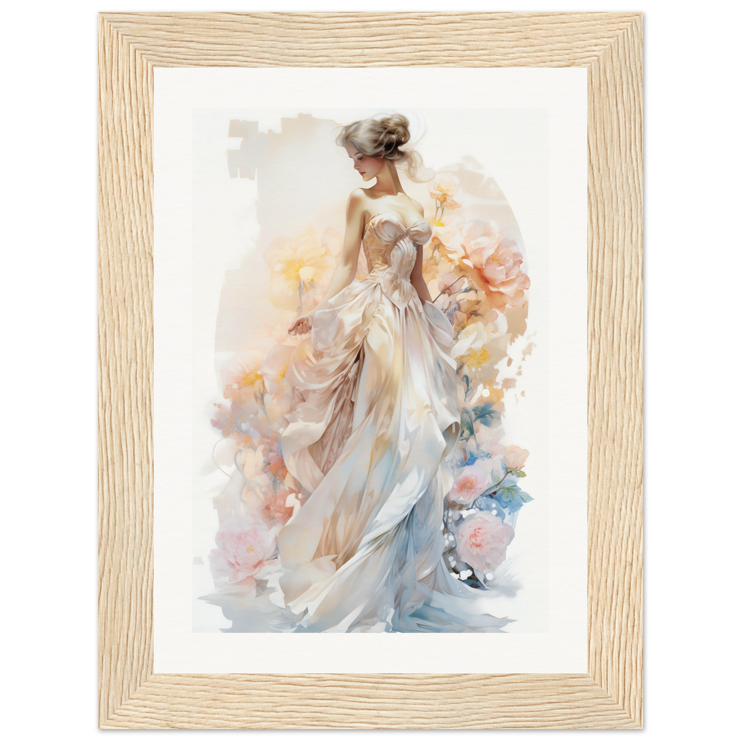 A watercolor painting of a woman in a white dress