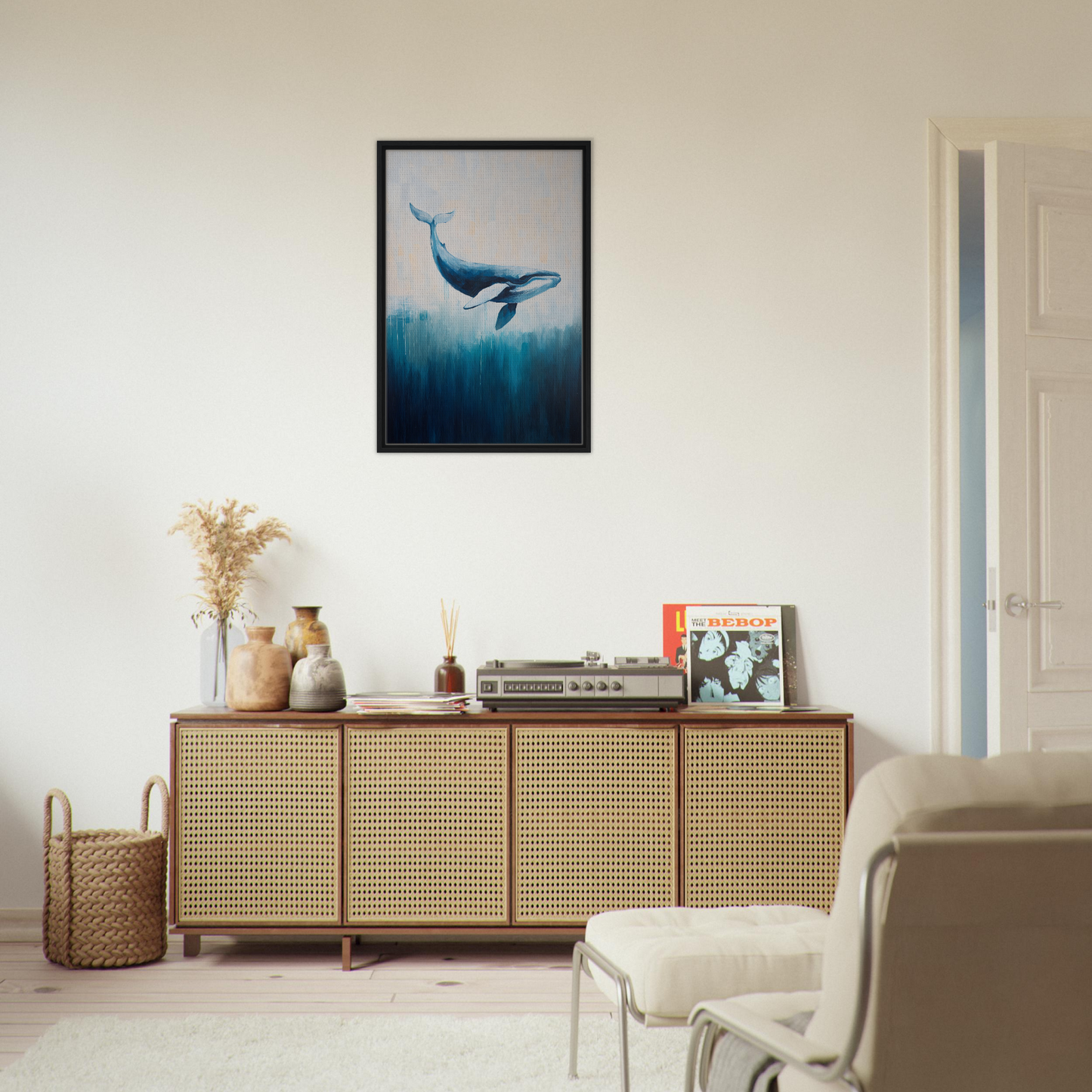 Framed artwork of a blue whale in Whale Ecstasy Drift for elegant room decor