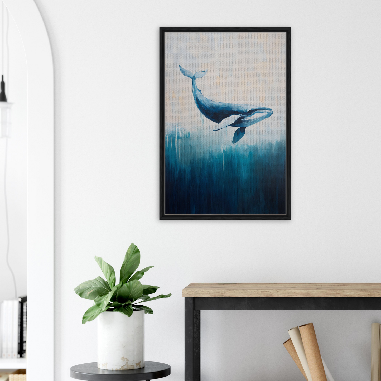 Framed painting of a blue whale in ’Whale Ecstasy Drift’ canvas for stunning room decor