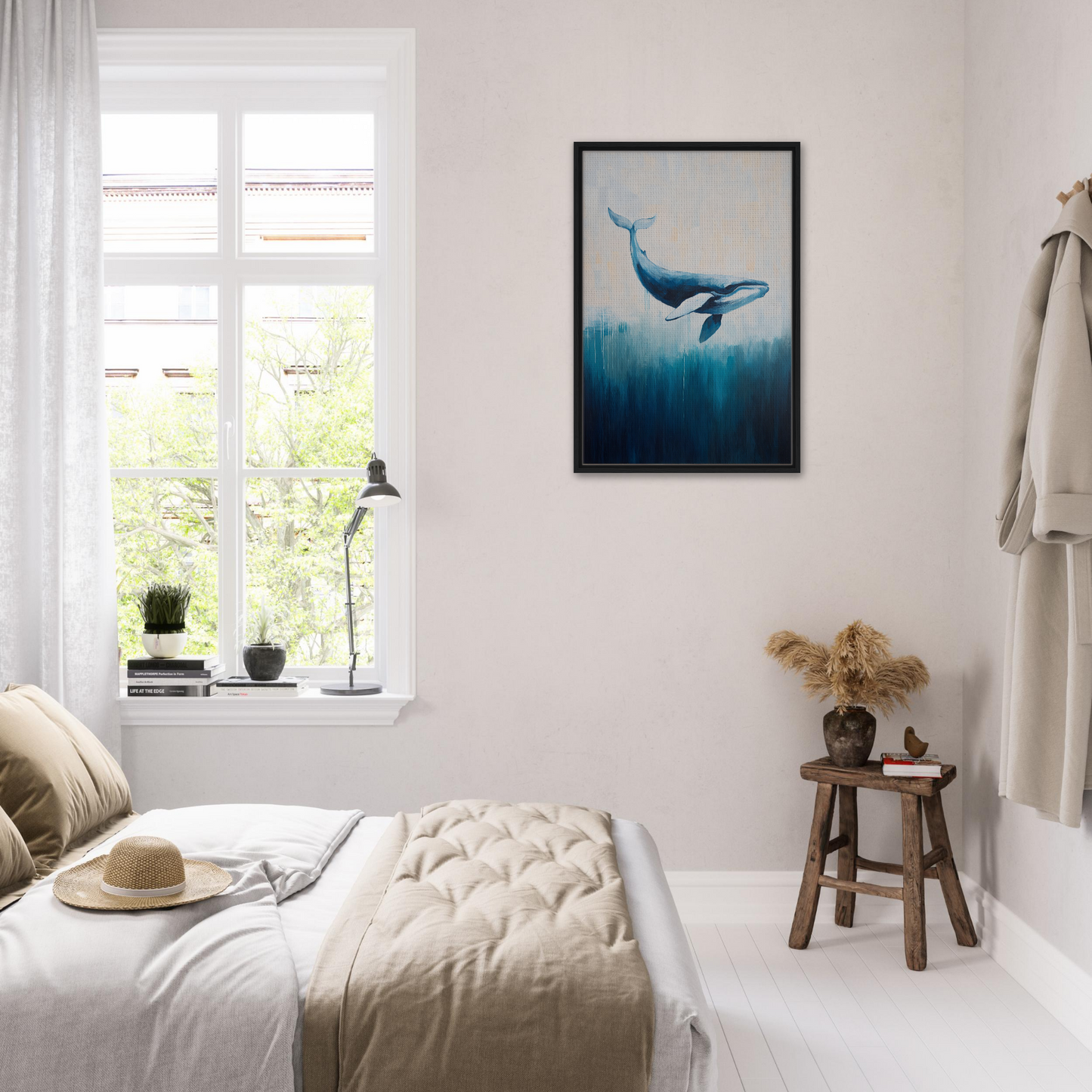 Framed canvas print of a blue whale swimming in Whale Ecstasy Drift artwork