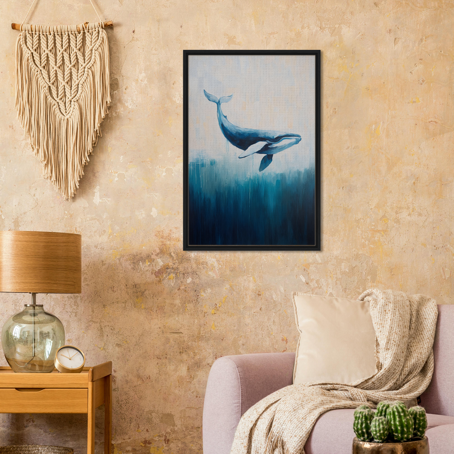 Framed canvas print of a blue whale swimming in Whale Ecstasy Drift design