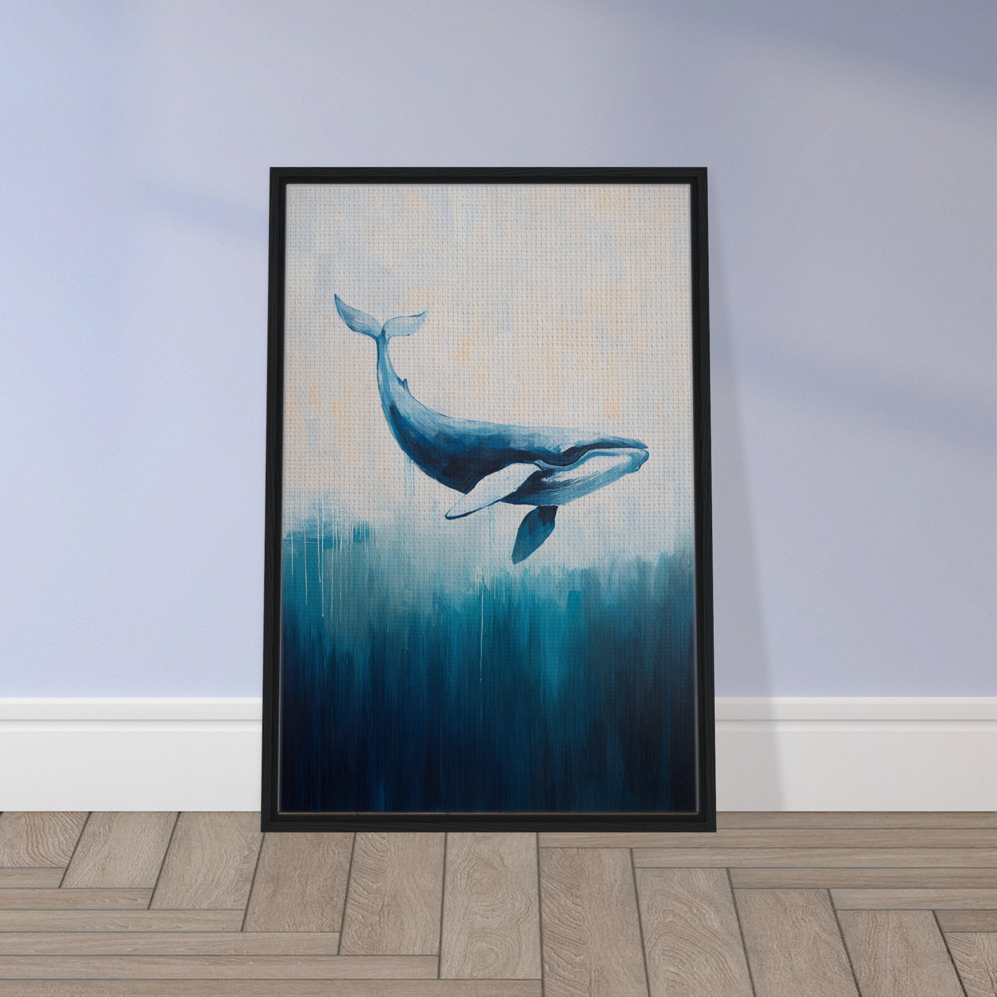 Framed painting of a blue whale, featured in Whale Ecstasy Drift room decor