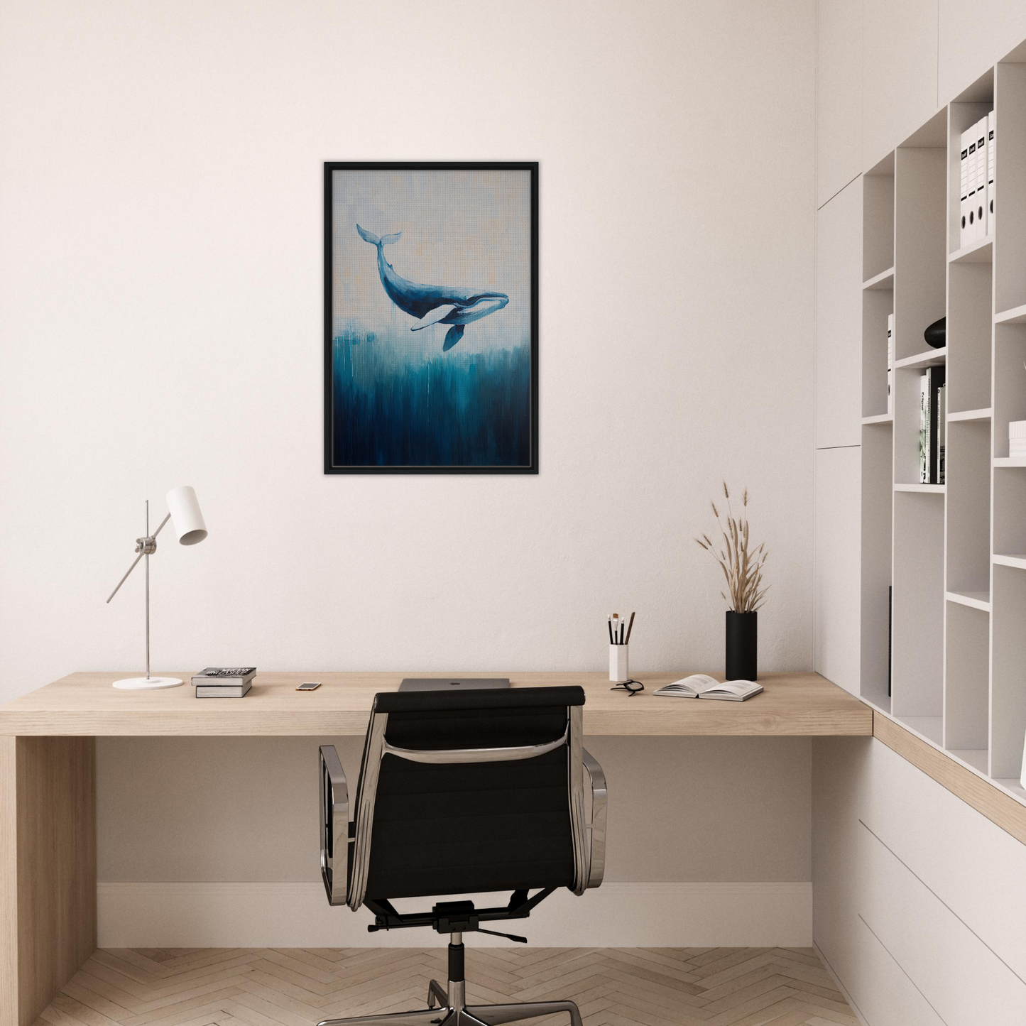 Framed painting of a blue whale in Whale Ecstasy Drift canvas for elegant room decor