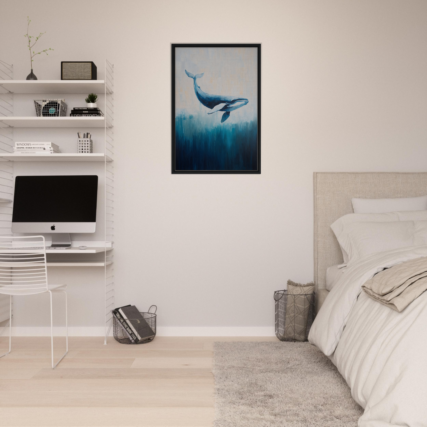 Framed artwork of a blue whale swimming underwater for Whale Ecstasy Drift room decor
