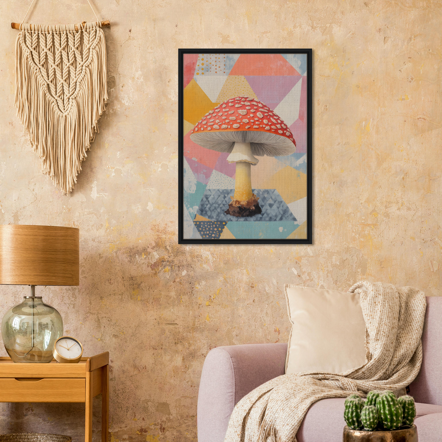 Framed canvas print of Whimsical Psilocybe Dreaming with colorful geometric mushroom design