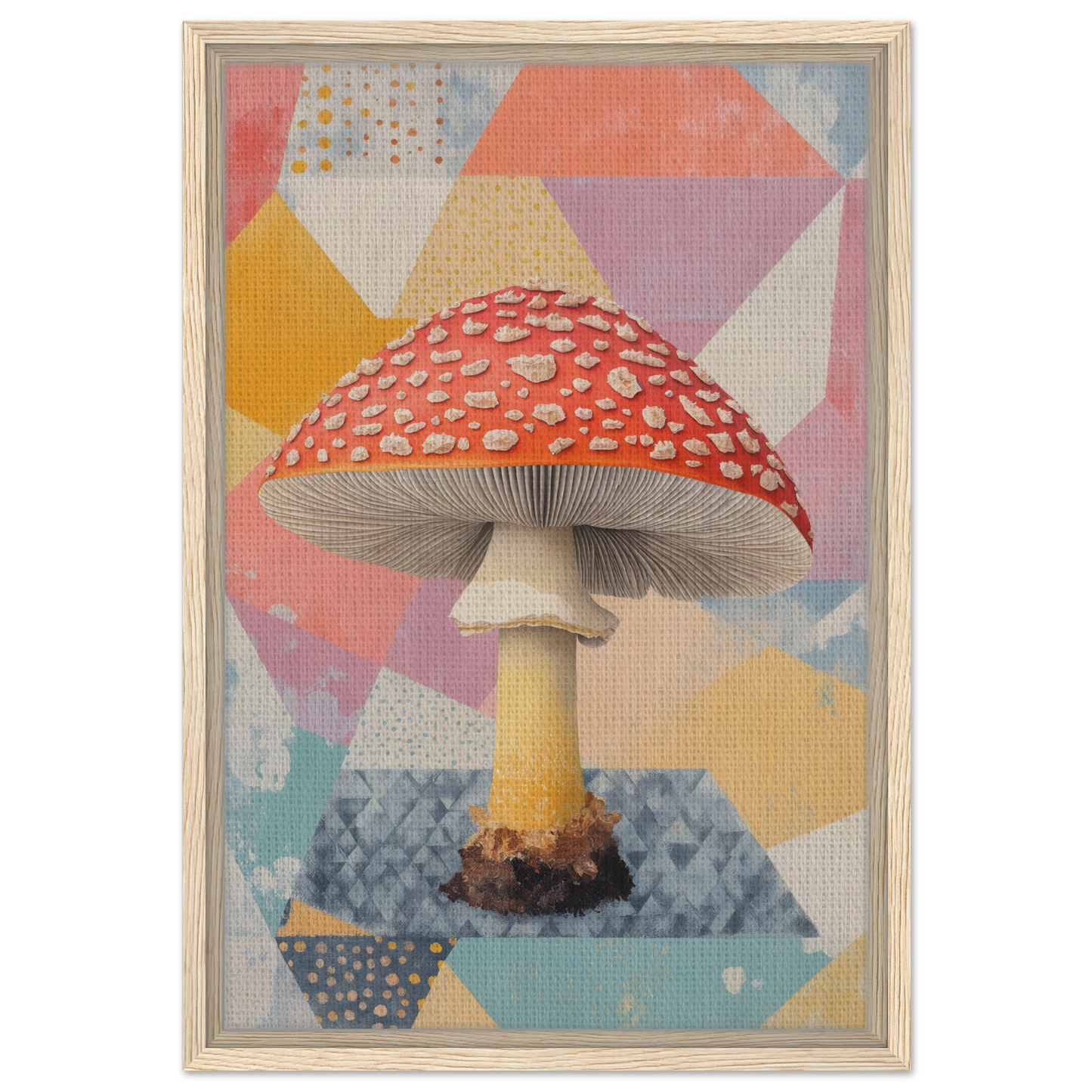 Red and white spotted Amanita Muscaria mushroom framed canvas print for Whimsical Psilocybe Dreaming